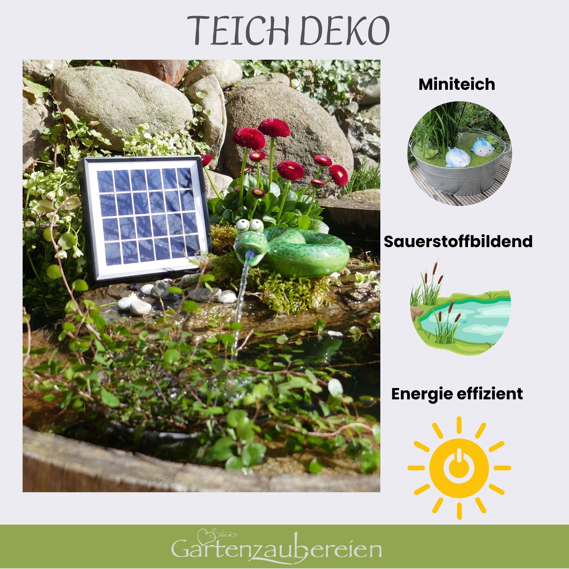 Storm's Gartenzaubereien Wasserspeier Solar mit Pumpe Schlange - grün aus Keramik für Teich und Miniteich