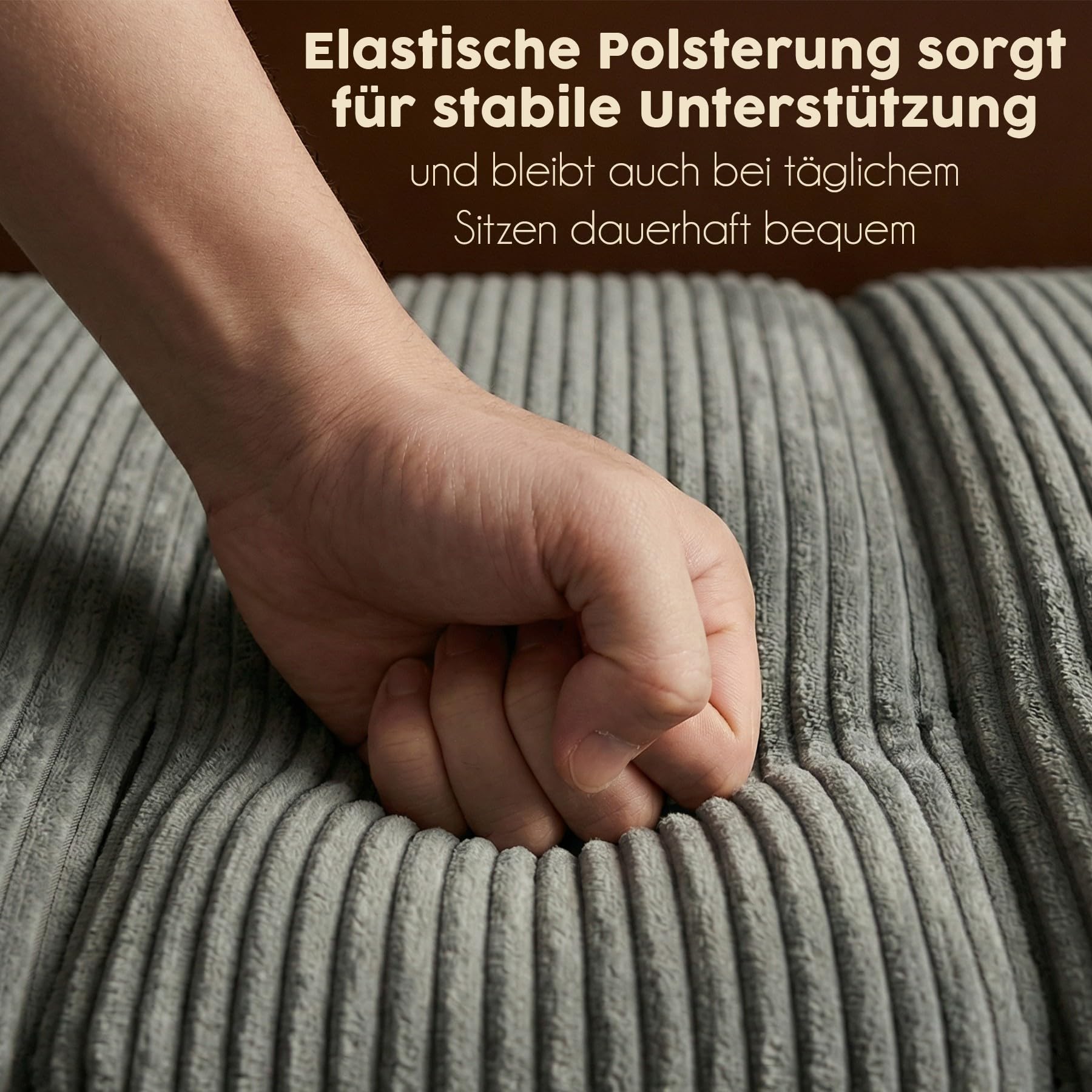 RUMMY 2-Sitzer Sofa aus Cord, kompaktes Bodensofa mit weicher Schaumstoffpolsterung, rahmenlose Couch für Wohnzimmer, Schlafzimmer und Wohnung, Grau