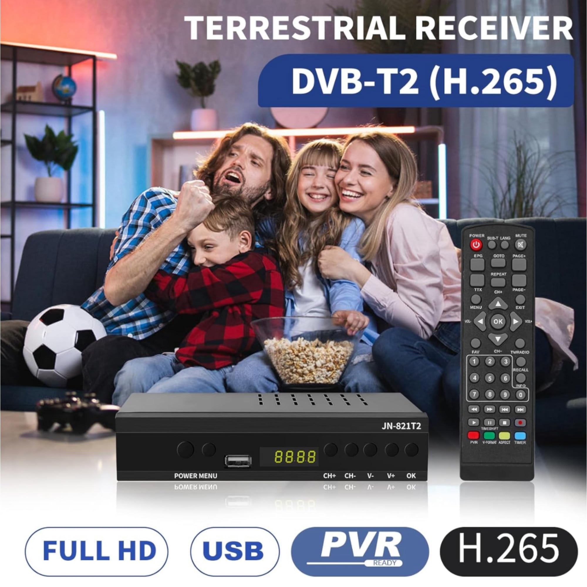 2024 Nuevo Español TDT Decodificador Televisión UHD DVB-T T2 O T3 Tuner MPEG-4 2 HD, Sintonizador de Digital Terrestre, Receptor Digital de Alta definición Full HD 1080p Dolby/MPEG-2/4 (JN 821T2)