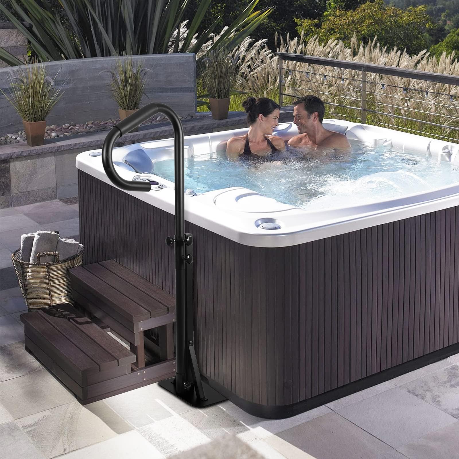 Garvee Sécurité renforcée pour spa et bain à remous – Main courante rotative 360°, hauteur réglable 89-142 cm, capacité 272 kg, poignée antidérapante, base stationnaire à glisser sous le spa
