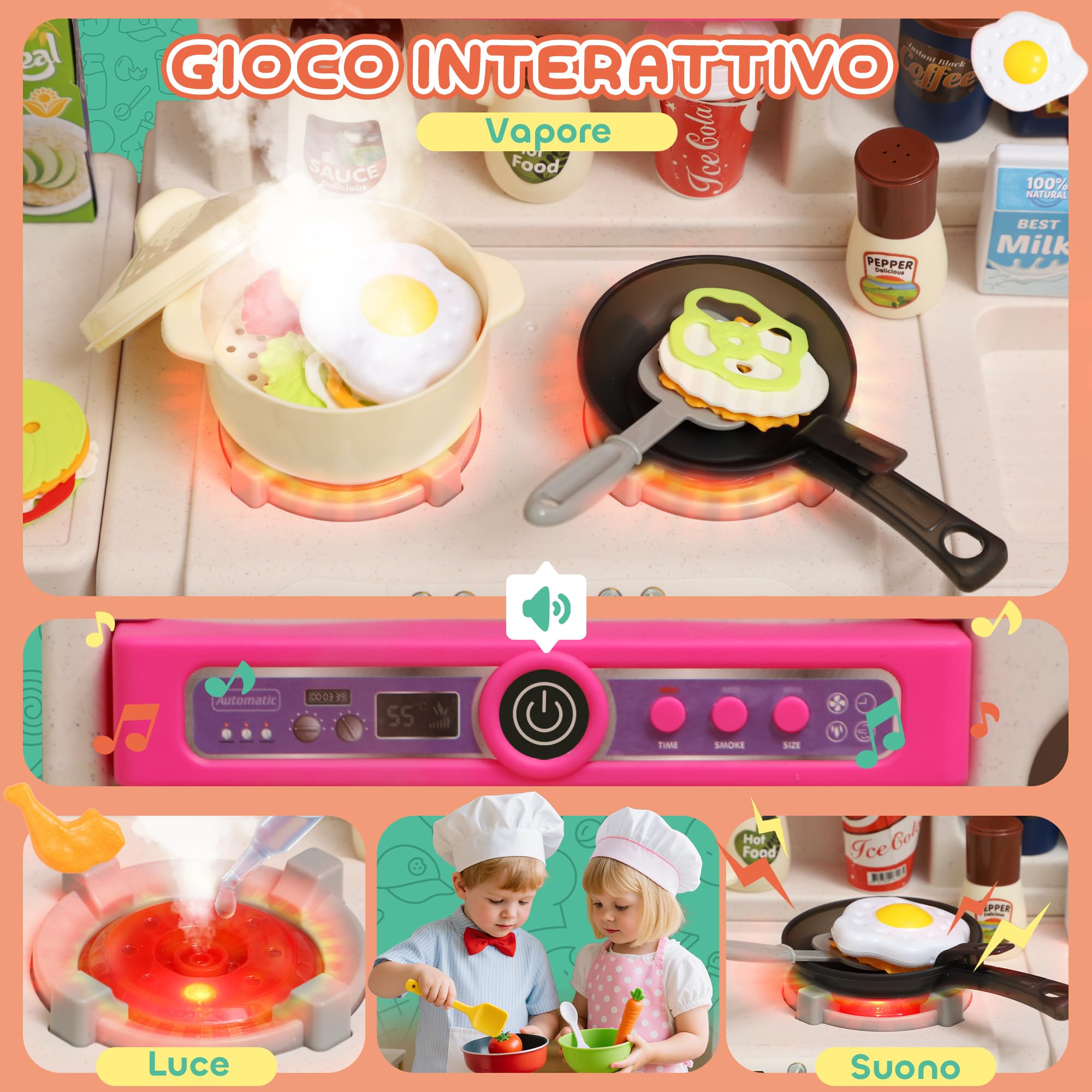 AIYAPLAY Cucina Giocattolo con 104 Accessori 3-6 Anni 52.5x22x100 cm Rosa | Suoni Realistici, Gioco per Bambini, in PP, PE e ABS