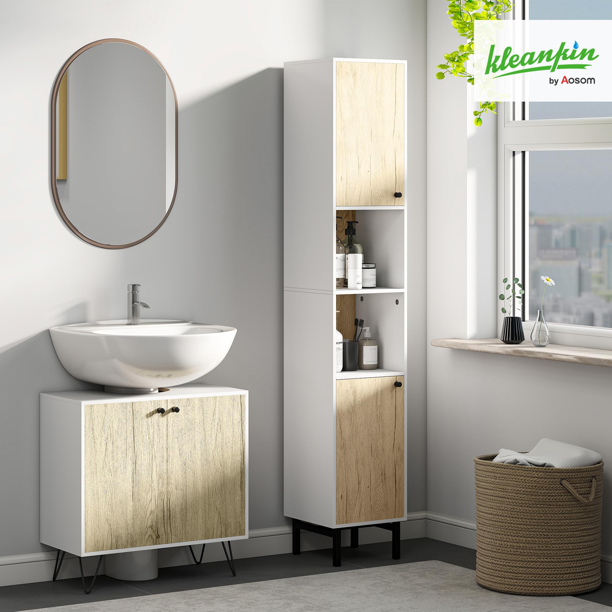 kleankin Mueble para Debajo del Lavabo Madera 60x30x60 cm Roble y Blanco | Armario Bajo Lavabo, Armario de Baño de Suelo, 2 Puertas, Estante, Patas de Acero