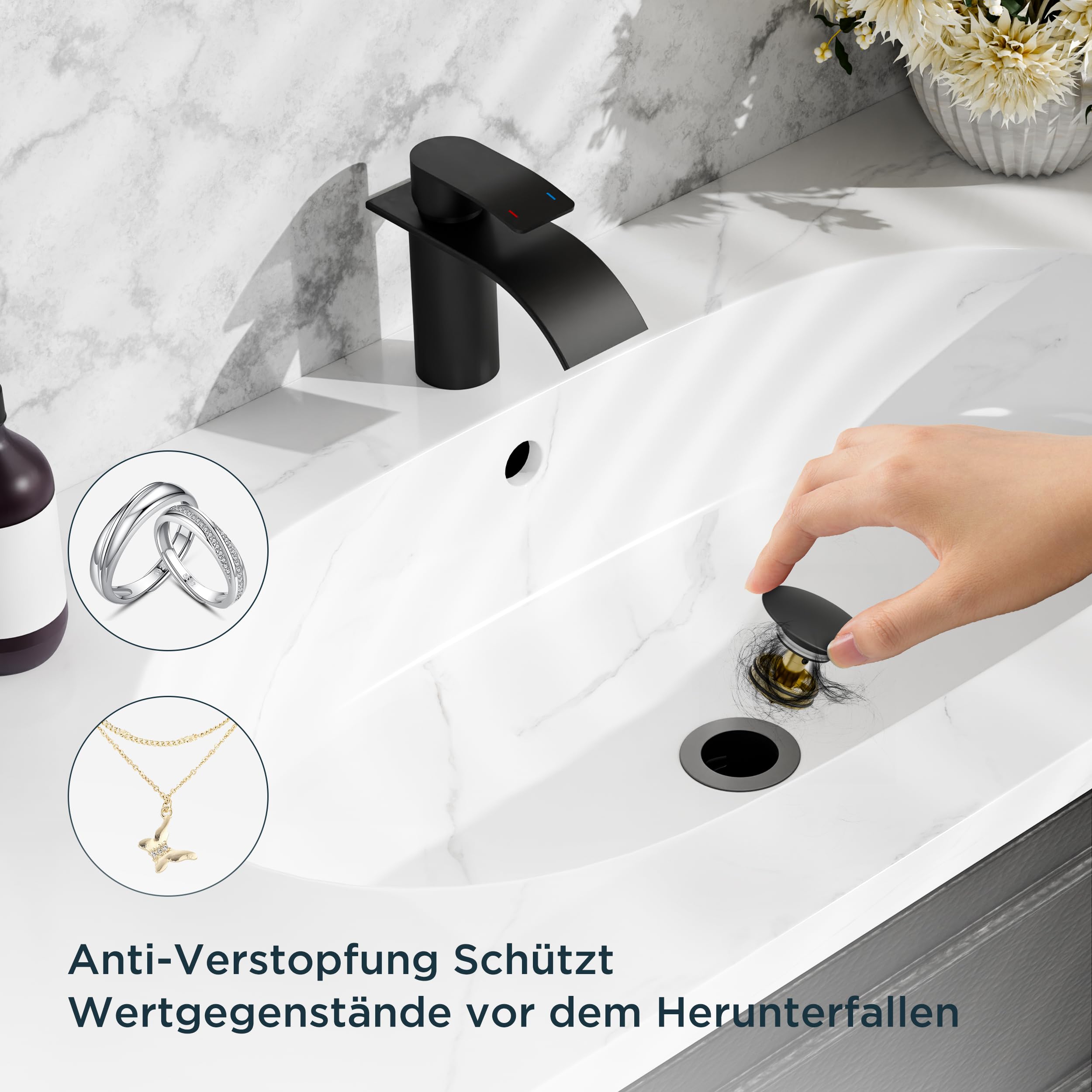 FORIOUS Wasserhahn Bad Schwarz mit Ablaufgarnitur, Edelstahl Wasserfall Waschbeckenarmatur mit Auslaufhöhe 80MM, Einhebel-Mischbatterie für Kaltes und Warmes Wasser im Badezimmer