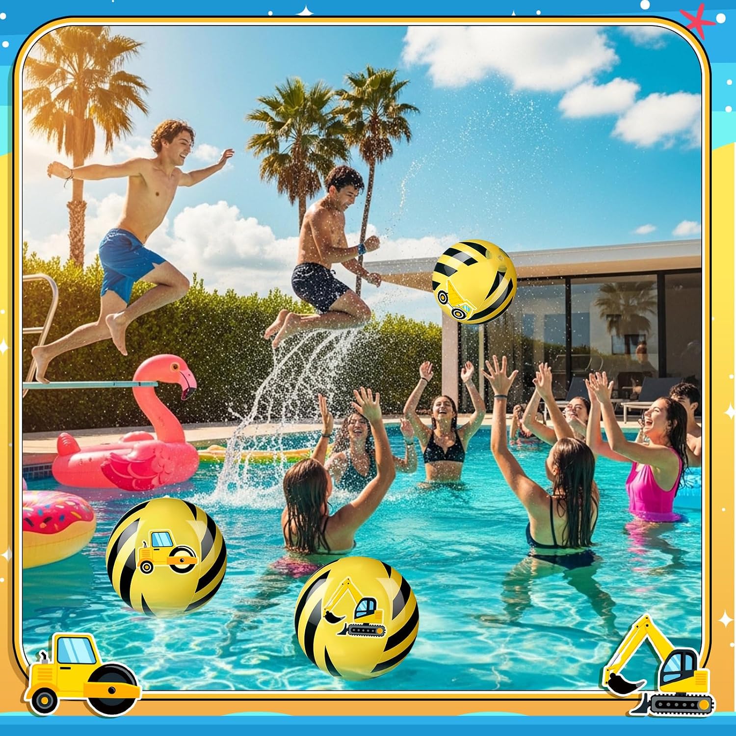 12 Pieces Inflatable Beach Ball Set - Construction Beach Balls for Theme Inspire Party Supplies Summer Pool Fun Cowgirl Cowboy Farm Animal Birthday Party Favors