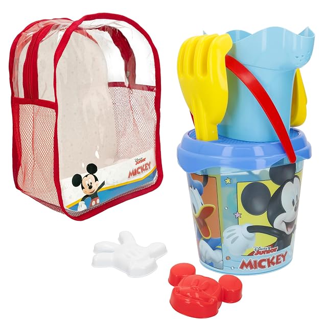 ColorBaby 48217 - Disney Mickey Mouse Set Cubo de Playa Infantil con Mochila, Pala, rastrillo, regadera…