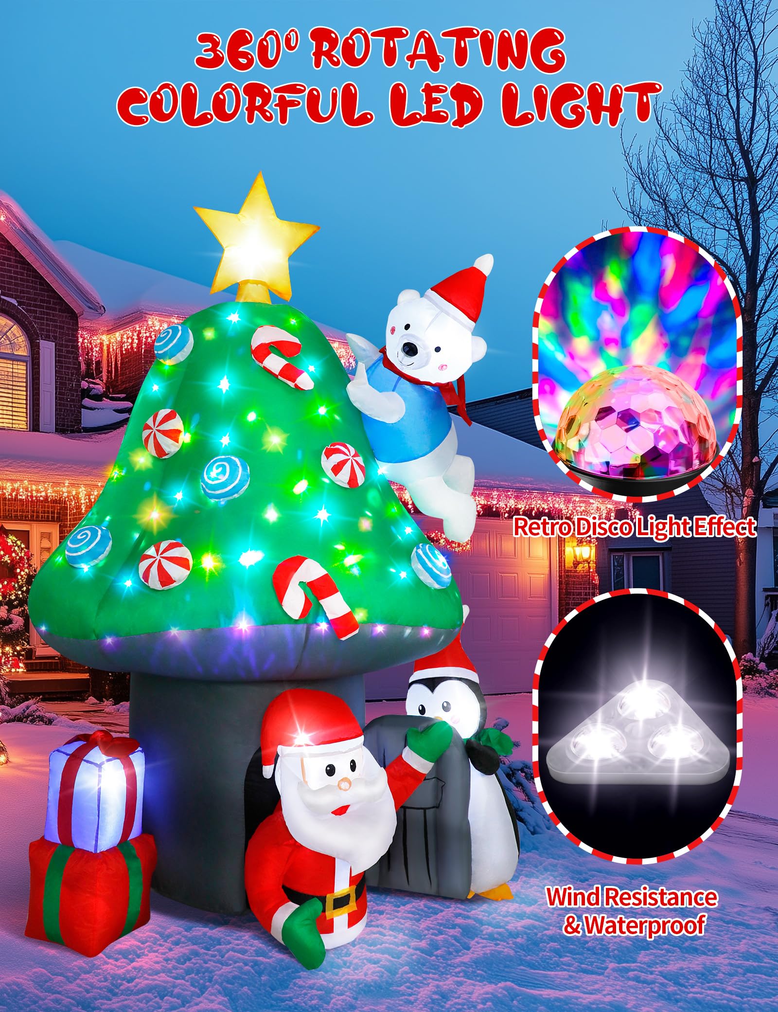 Maison Champignon Gonflable 7 Pieds / 213 cm – Décoration Noël Extérieur avec Père Noël Gonflable, Ours Blanc, Pingouin et LED Rotative, Jardin et Intérieur Maison