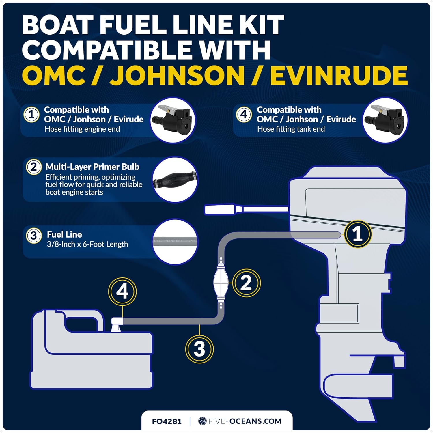Five Oceans Marine Boat Fuel Line Assembly with Primer Bulb Kit - Compatible with OMC/Johnson/Evinrude, 3/8-Inch x 6-Foot, EPA/CARB Approved, Leakproof, Outboard Fuel Line - FO4281