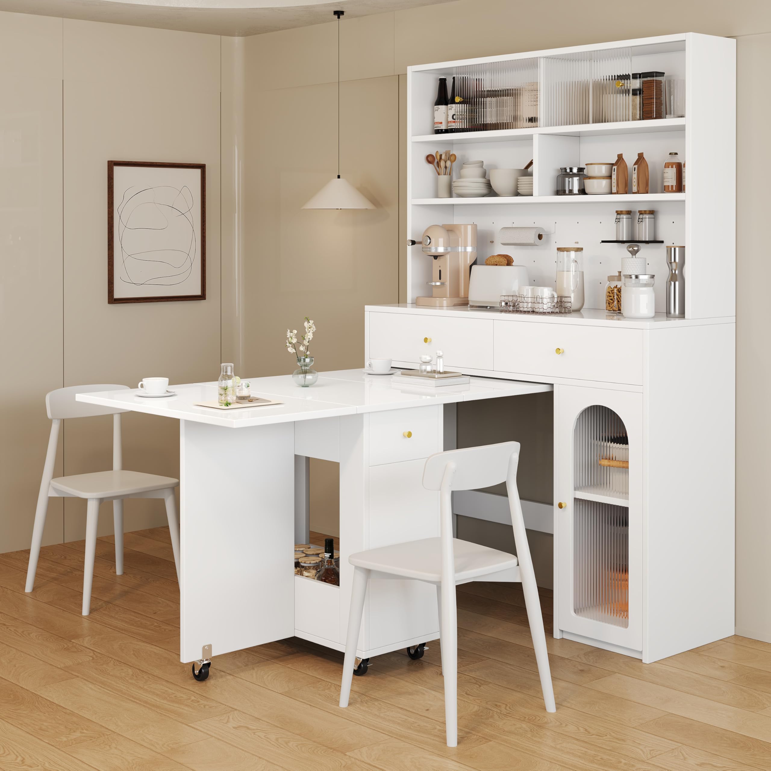 Îlot de Cuisine Mobile avec Plateau Rabattable,Table à Manger Pliante 2-en-1 et Coffret de Buffet,2 Tiroirs,3 Portes,6 étagères,Meuble de Rangement pour Salon,Salle à Manger