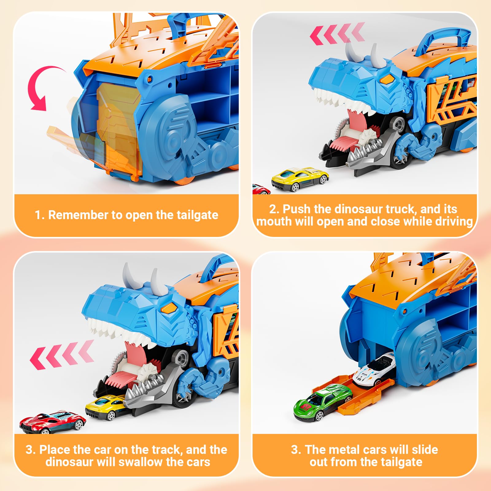 Shawe Dinosaurier Transporter Truck Auto Spielzeug ab 3 4 5 6 Jahre mit 6 Die-Cast-Fahrzeugen, Autorennbahn Aufbewahrung Verschlucken Transformierbar Spielzeugautos Geschenk für Jungen Mädchen Kinder