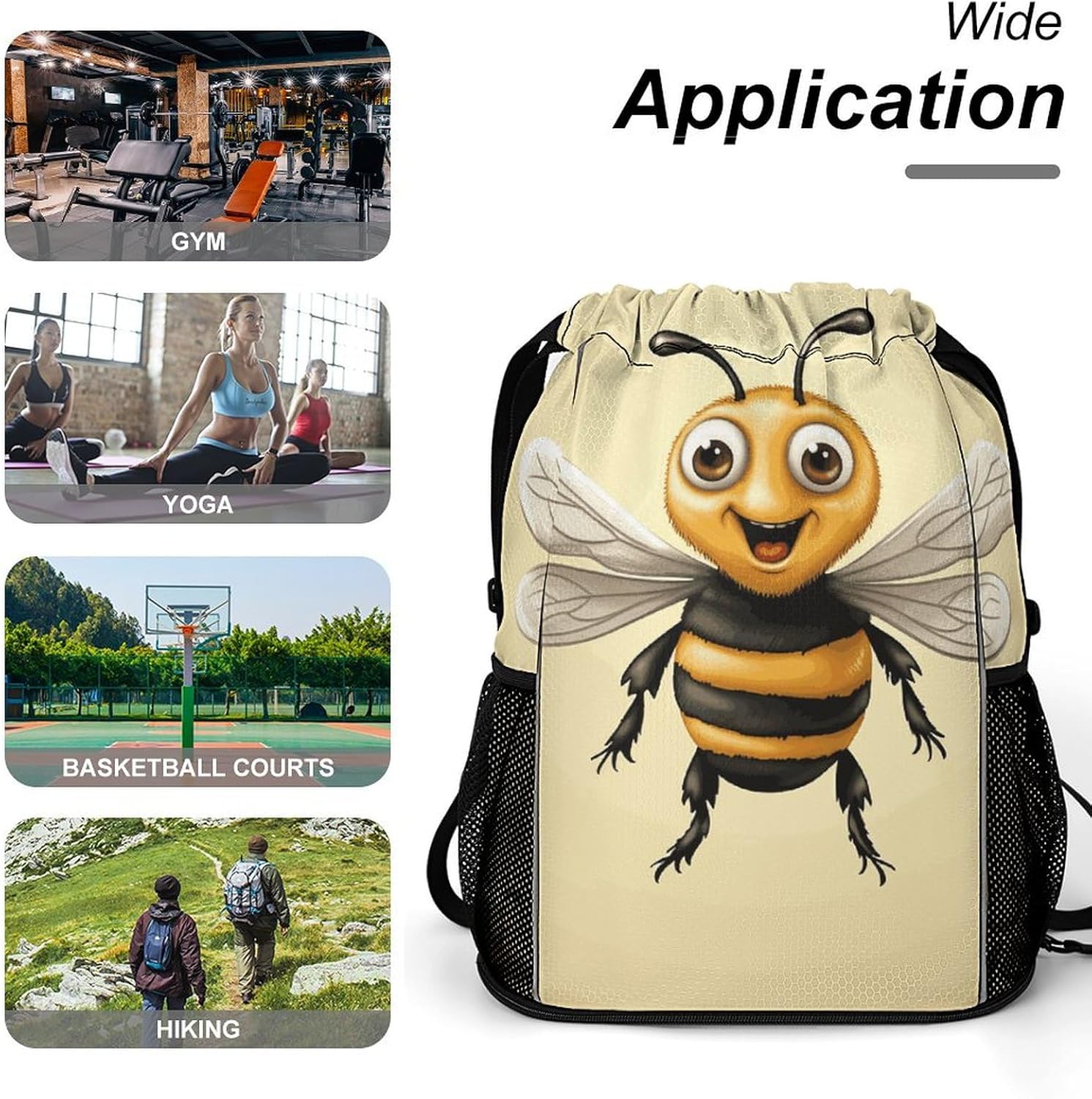 Drawstring Backpack Bags Honey Bee Gym Backpack with Shoe Compartment for Women Men Cinch Sack Sports Backpack with Mesh Pockets