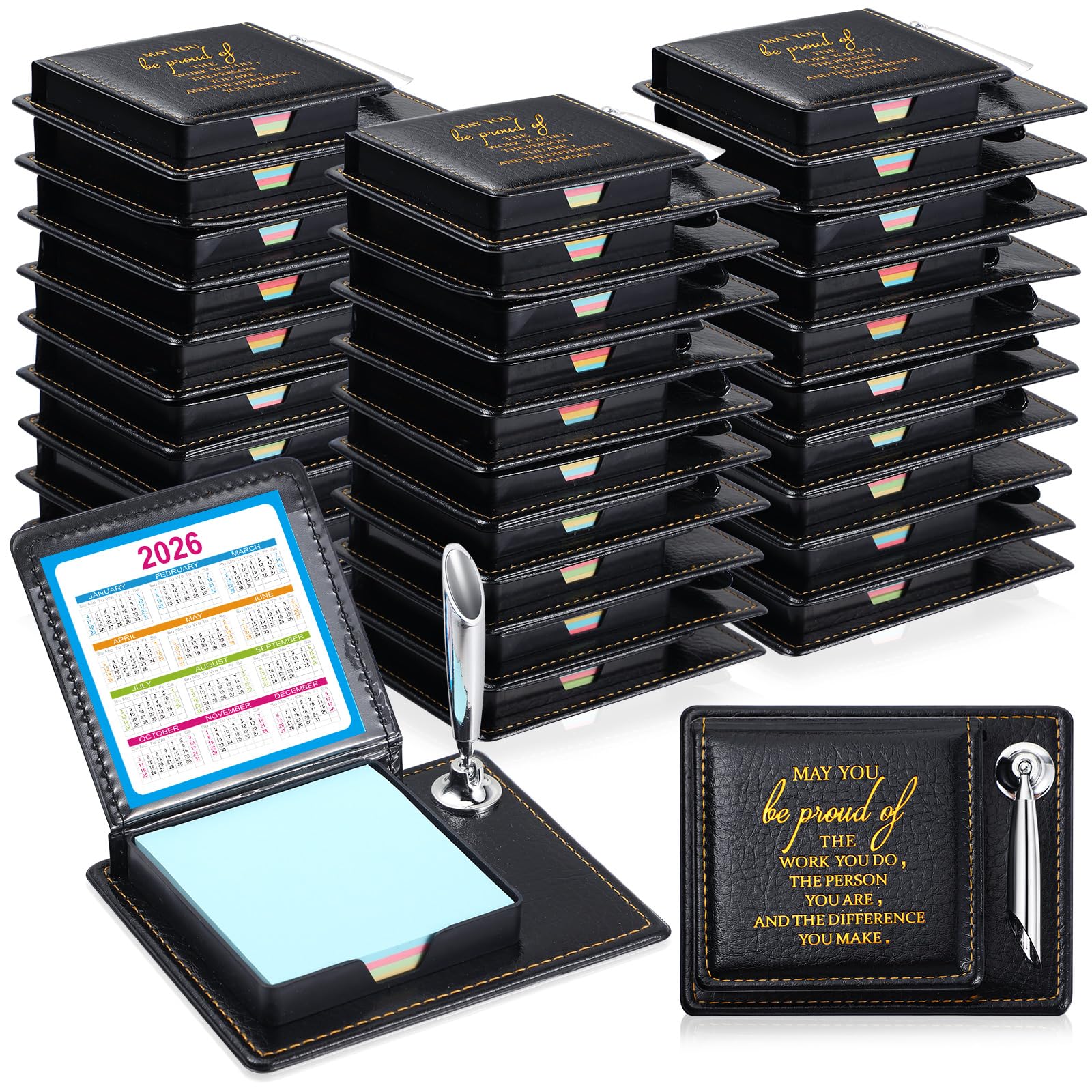 Tenceur 36 Pcs Valentine Appreciation Sticky Note Holder Gifts Bulk, Inspirational Thank You Sticky Note Holder, PU Leather Memo Box with Calendar for