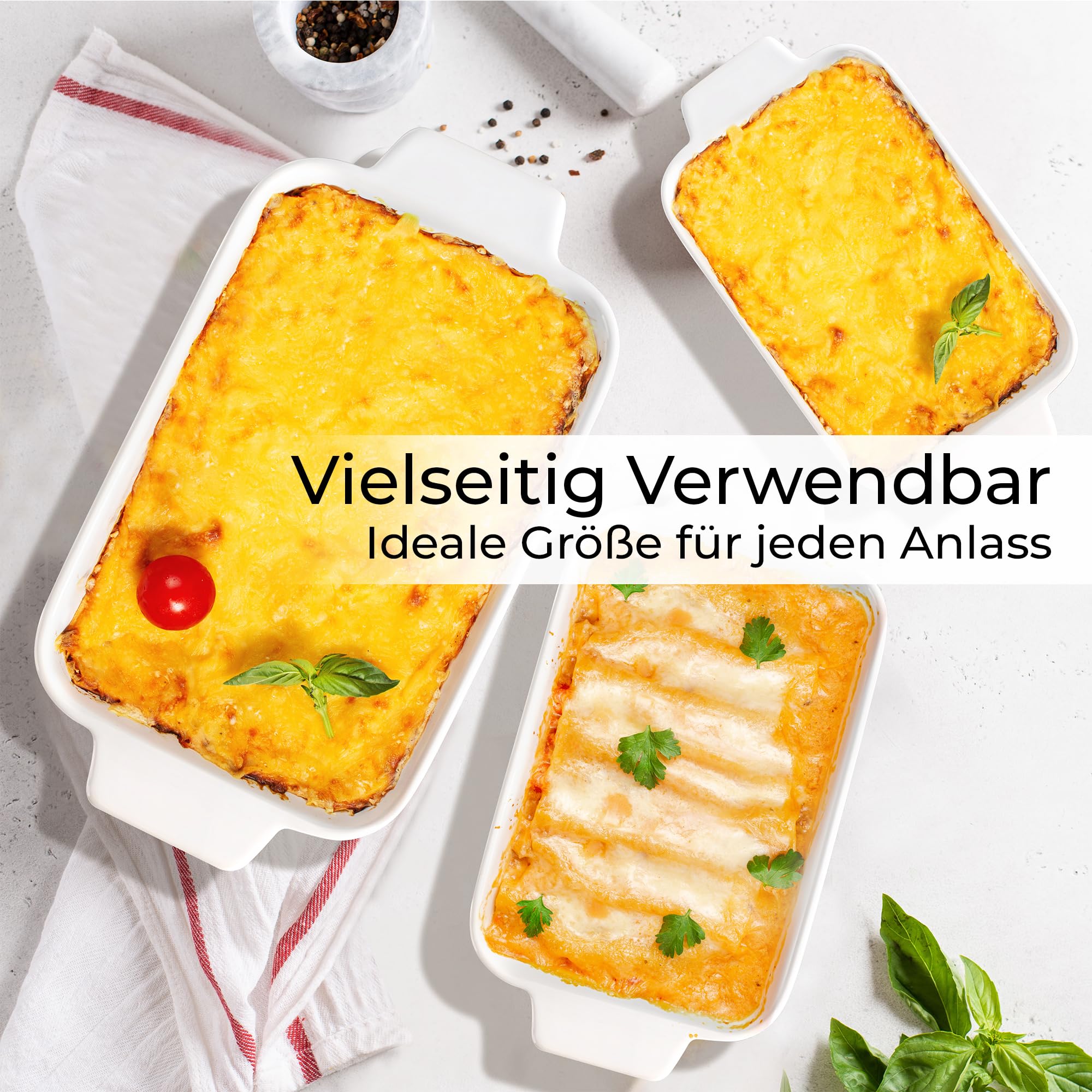 MIAMIO - Auflaufform Keramik, 3er Auflaufform Set - Palmanova (Weiß) | Auflaufformen-Set 3-teilig/Rechteckige Backform aus Keramik, stapelbares 3-teiliges Backformenset - spülmaschinen- & ofenfest