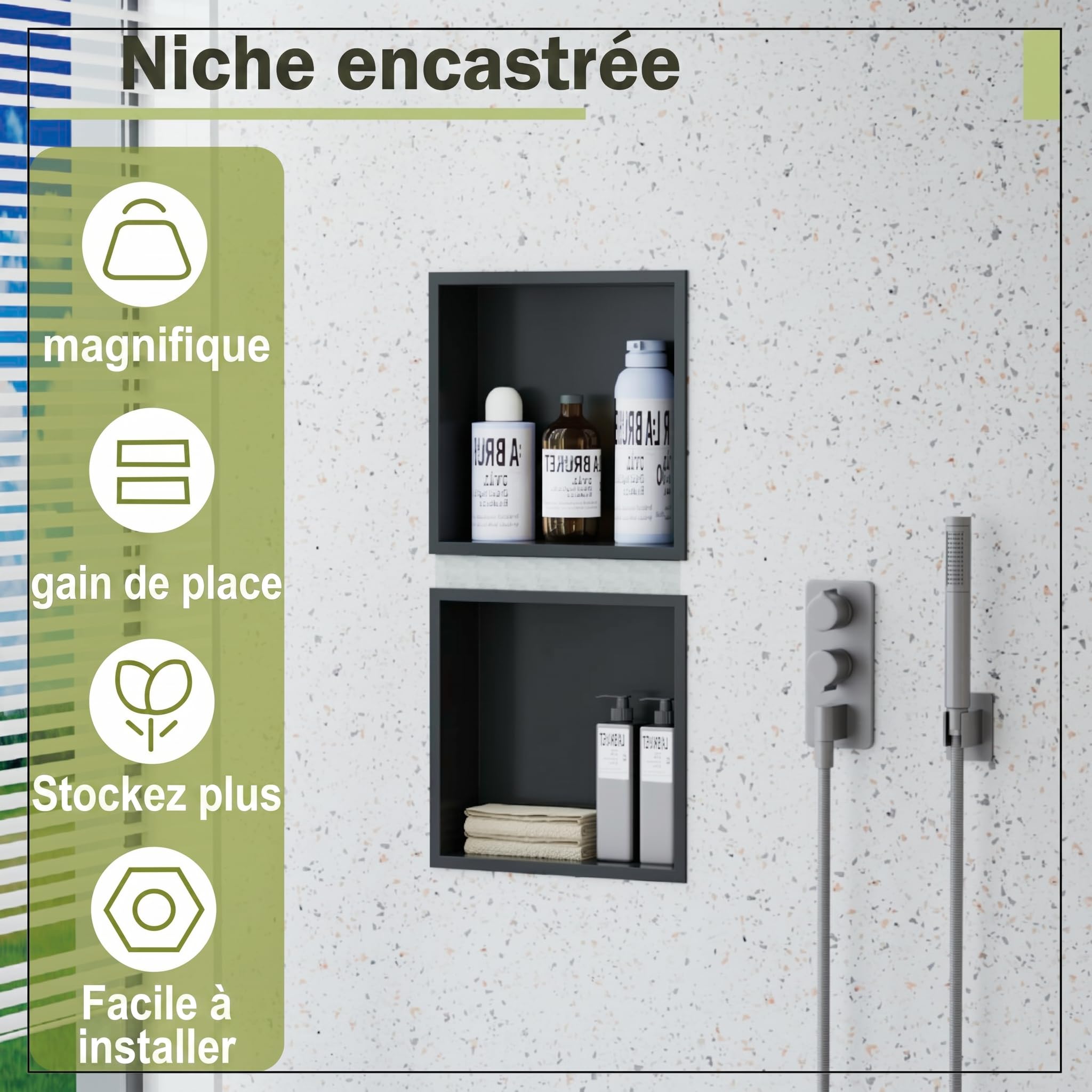 Nicho de Pared empotrable de Acero Inoxidable para Ducha, Estante de Ducha Integrado sin Azulejos, de Acero Inoxidable, Almacenamiento Doble para (Negro Mate, 30 x 30 x 10 cm)