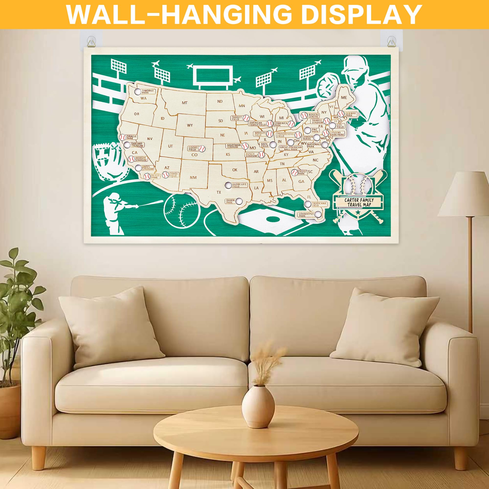 Mapa de estadio de béisbol, mapa de viaje de Estados Unidos con pines, decoración de béisbol, recuerdos deportivos, seguimiento de viajes de Estados Unidos, mapas de Estados Unidos para pared, regalo