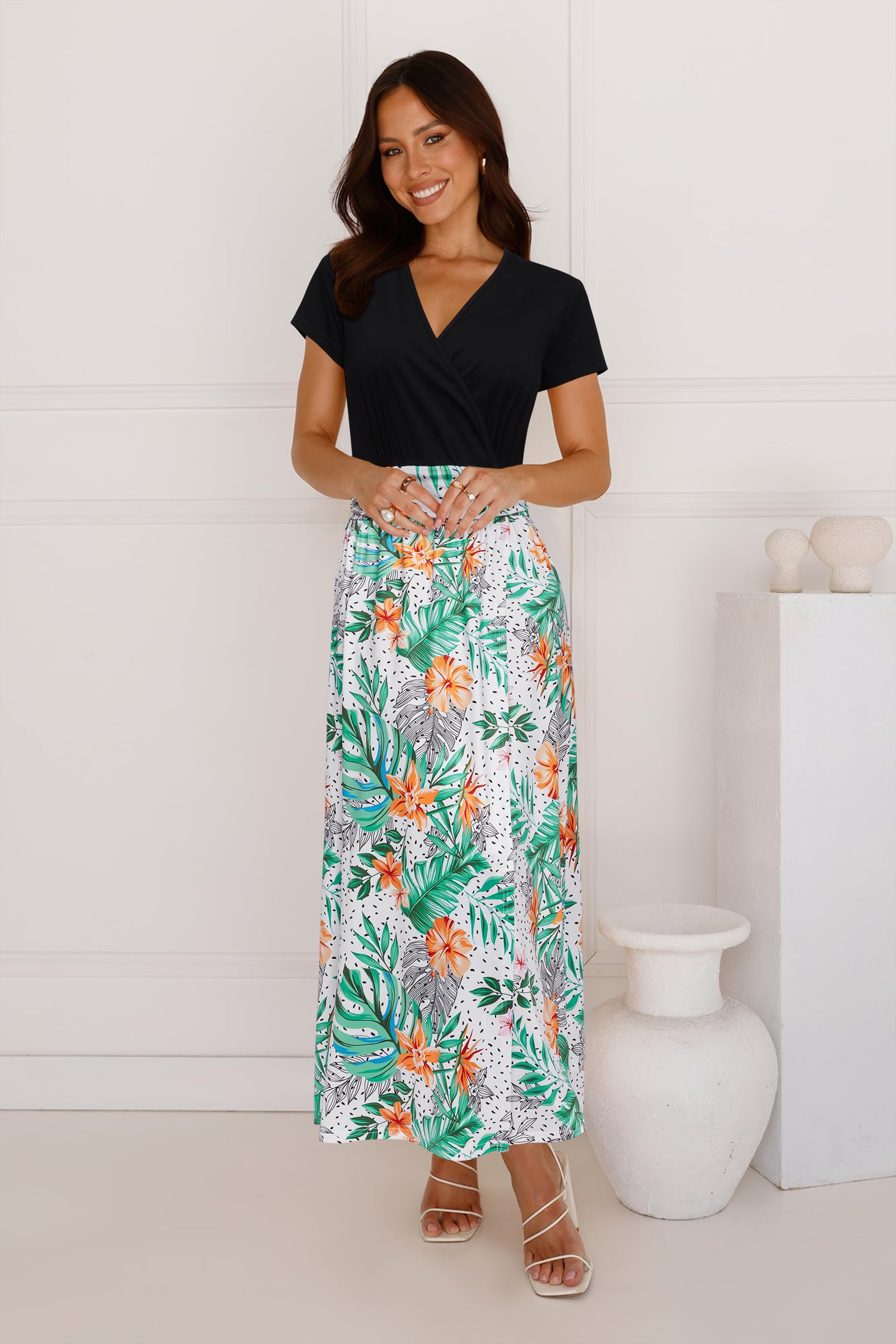 Newshows Robe d'été pour Femme Col en v Manches Courtes Fendue Maxi