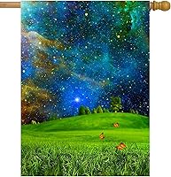 Vista 31 de Paisaje de fantasía con piedras, lámparas, flores, árboles, luna y mariposas, bandera de jardín de 12 x 18 pulgadas, pequeña vertical de doble cara