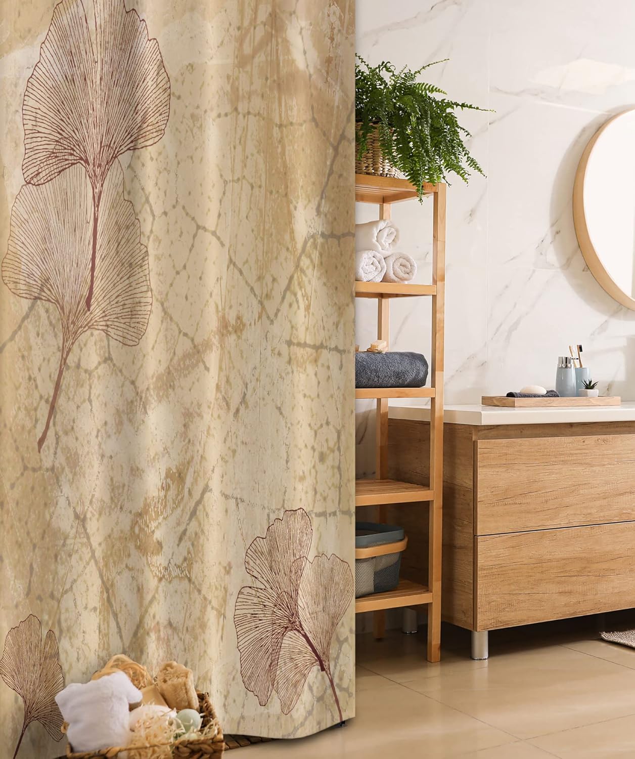 Ambesonne Beige Stall Shower Curtain, Small Large Ginkgo Leaves Pattern Dramatic Dated Fossil Maidenhair Tree Nature Art, Fabric Bathroom Decor Set with Hooks, 36" W x 72" L, Beige Brown