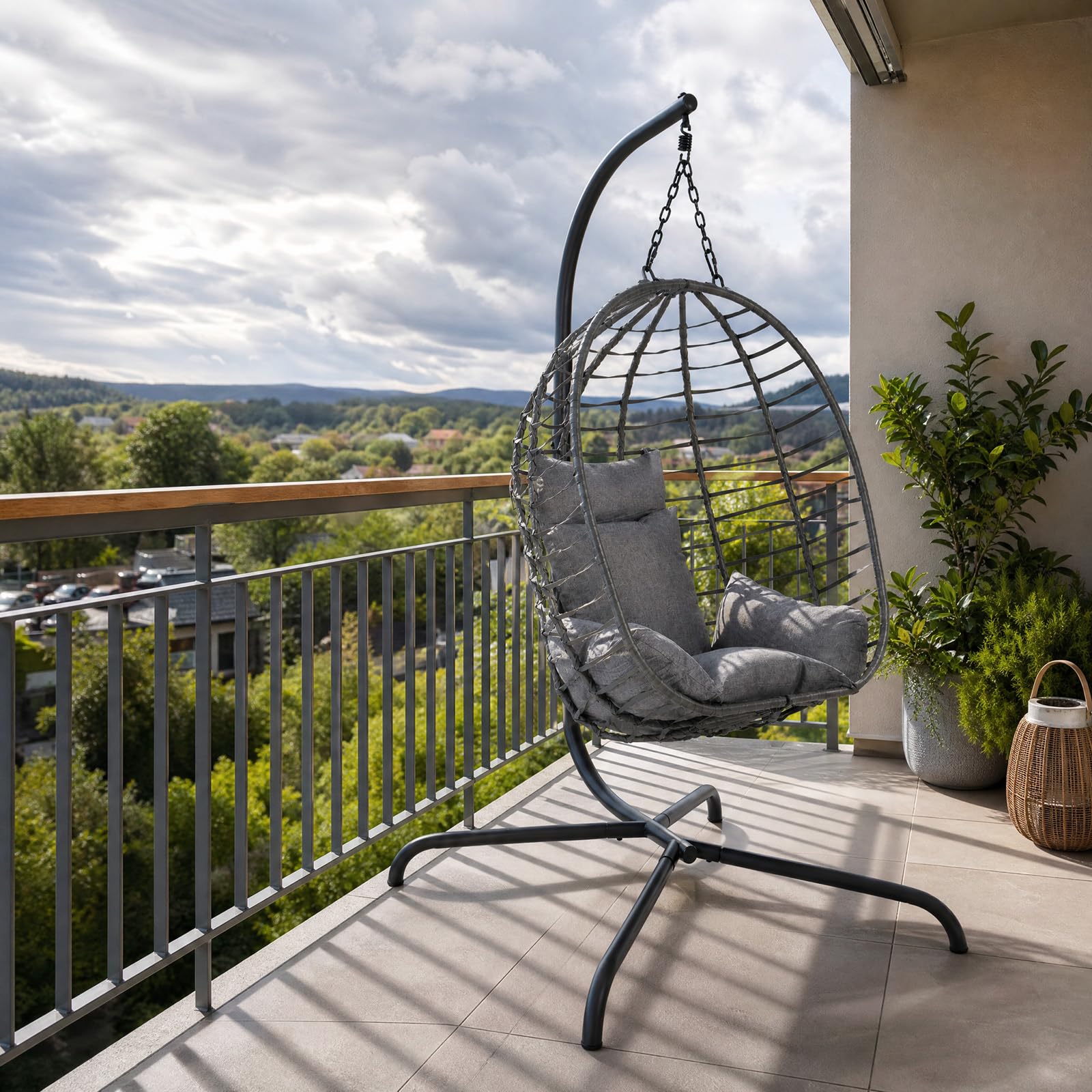 Sekey XXL Hängesessel mit Gestell, 93 cm Breiter Hängekorb mit Dickem Kissen (2 kg), bis 150 kg, Faltbarer Sitzkorb, 2-Punkt-Aufhängung & Kippsichere X-Basis, für In- & Outdoor, Balkon, Garten