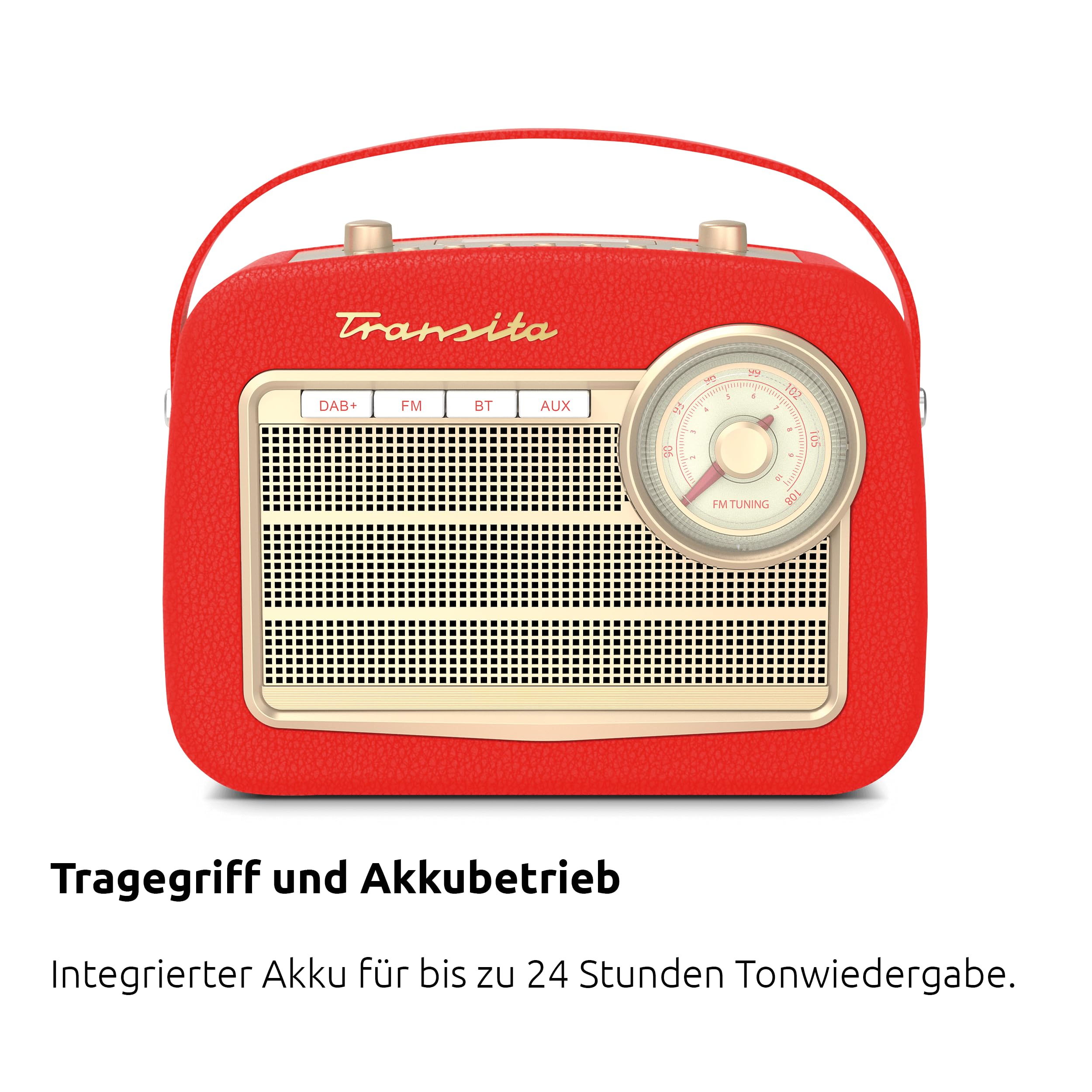 TechniSat Transita 130 - portables DAB+/UKW-Retroradio mit UKW Frequenzregler (Bluetooth-Audiostreaming, USB, Dot-Matrix LC-Display, Akku für bis zu 24 Stunden, Tragegriff, Kunstleder-Gehäuse) rot