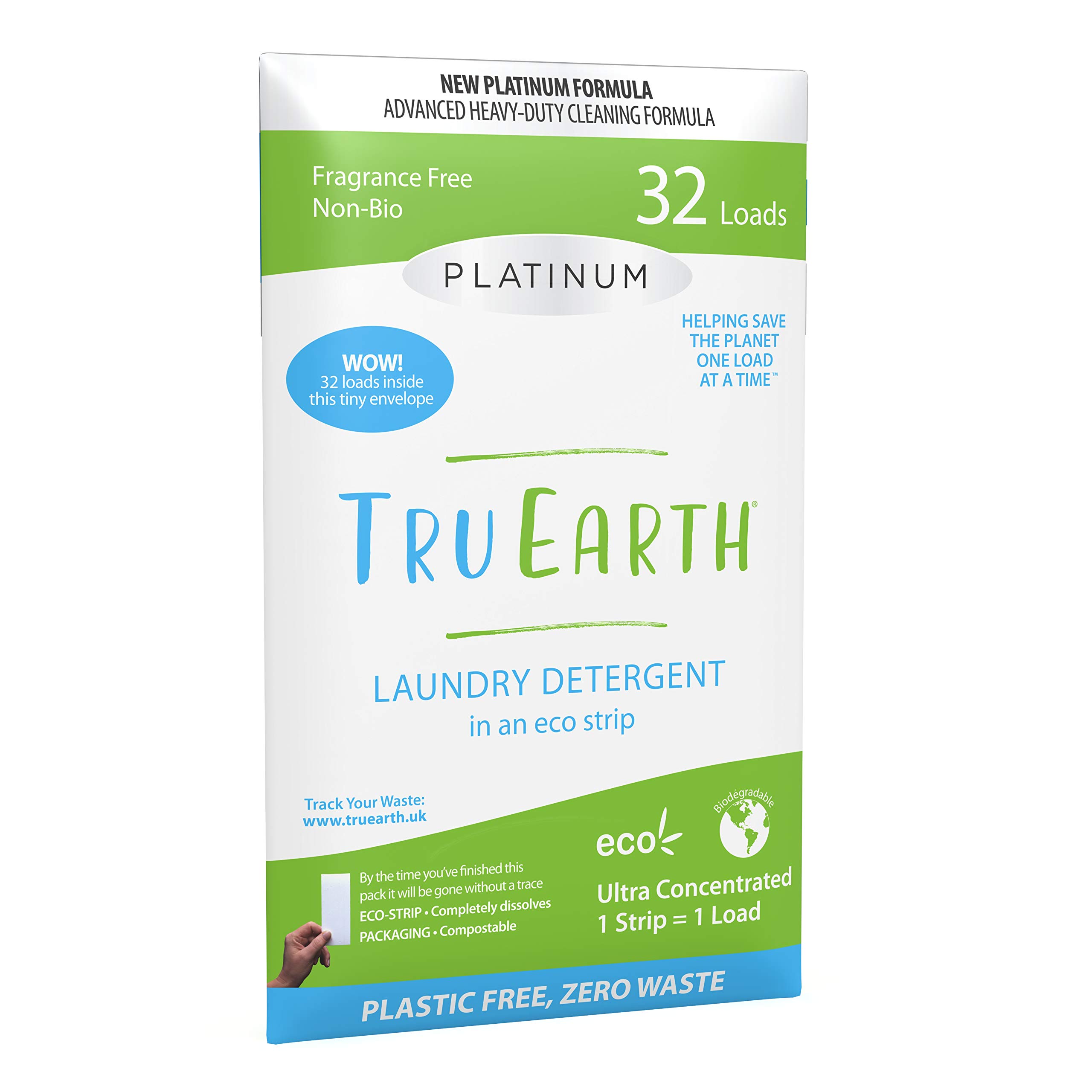 Tru Earth Hypoallergenic, Eco-friendly & Biodegradable Plastic-Free Laundry Detergent Eco-Strips for Sensitive Skin (Platinum - Fragrance Free, 32-Load)