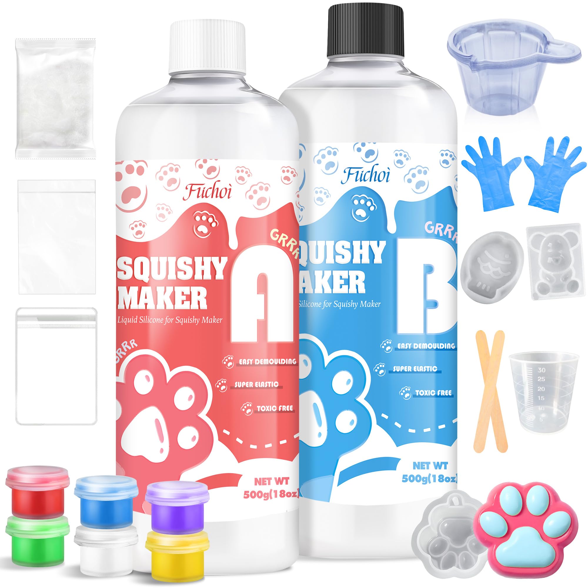Silicone Gel for Taba Squishy Kit - 1000g Super Soft Silicone Rubber Squishy Maker, Fast Cure DIY Squishy Making Kits with Cat Paw, Taiyaki, Bear Mold, Creative Stress Relieving Gift for Beginners
