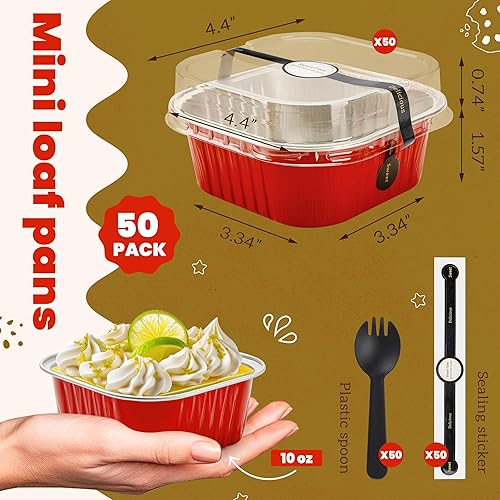 Miniatura 3 de 50 piezas de mini moldes cuadrados para hornear con tapas y cucharas, moldes mini de papel de aluminio para pasteles con tapas, ramekins