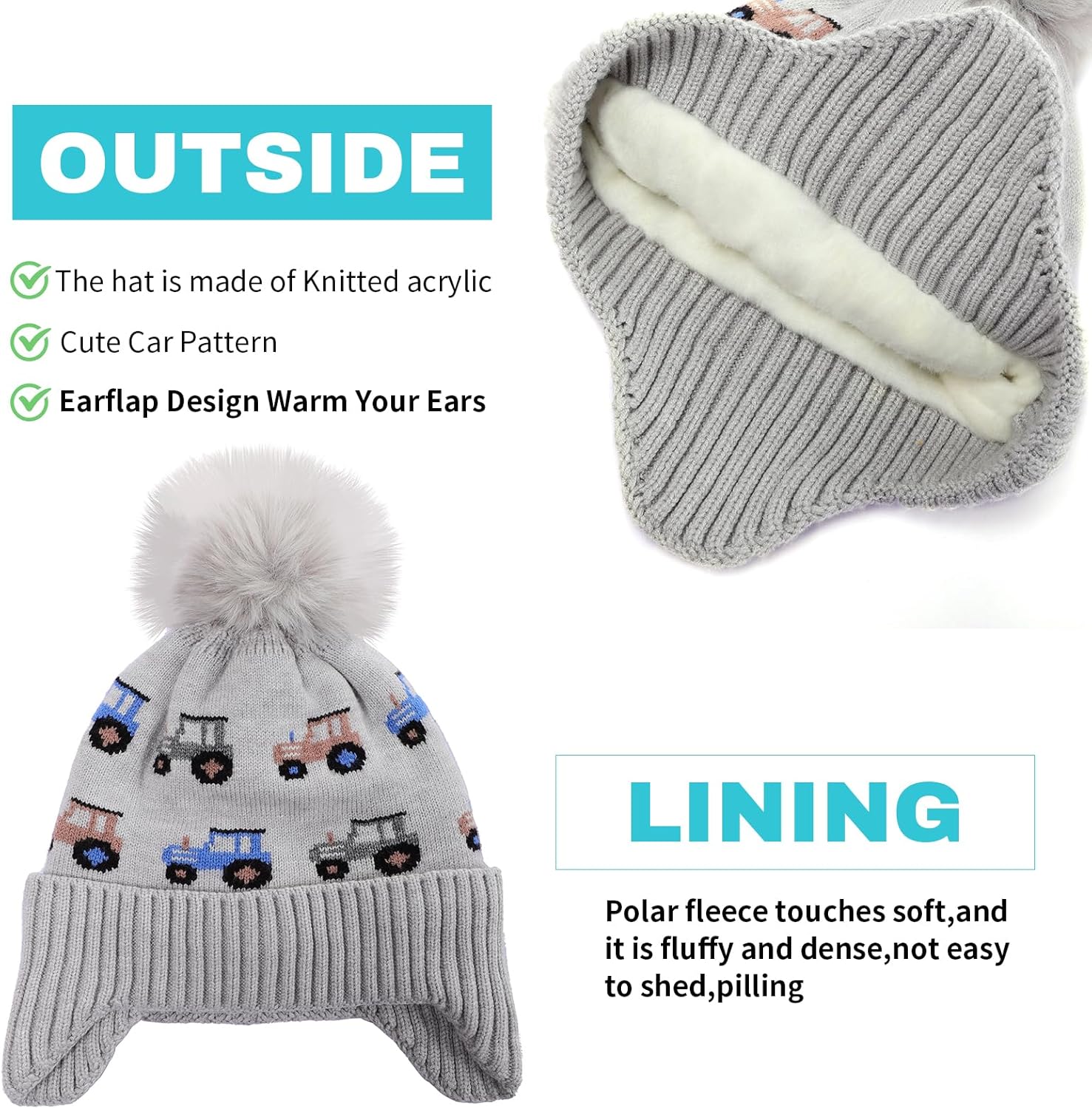Kids Beanie with Ear Flaps for Boys Girls Pom Knit Hats Fleece Lining Winter Outdoor Skull Snow Ski Cap Age 2-10 - Image 4