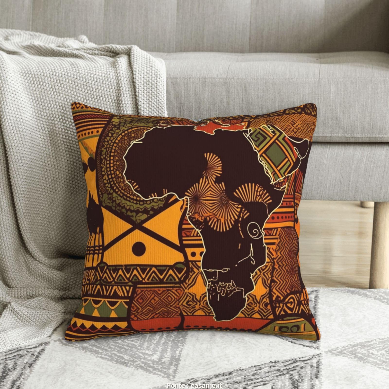 Housse de coussin velours côtelé motif carte afrique déco salon lit 45x45