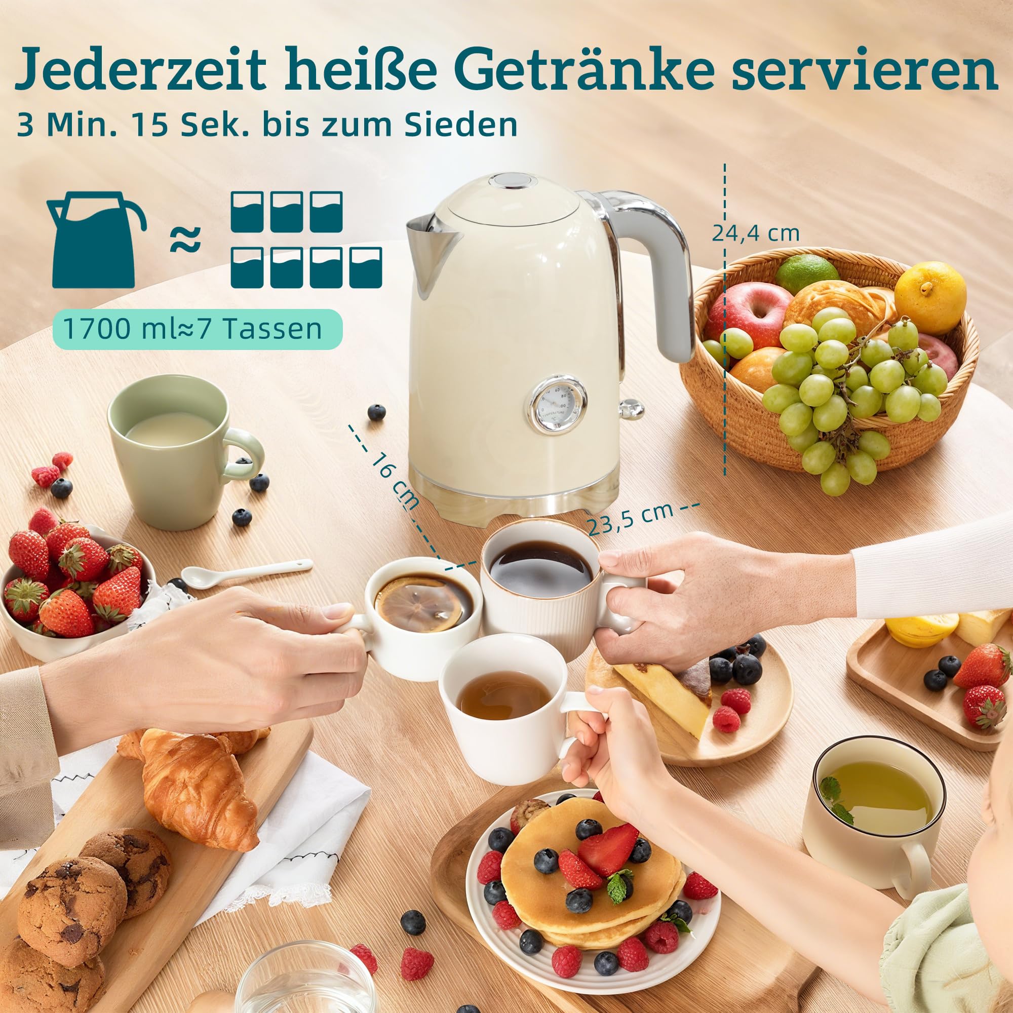 HOMCOM Wasserkocher Toaster Set, 2200 W, 1,7 L Edelstahl, Frühstückset, Cremeweiß