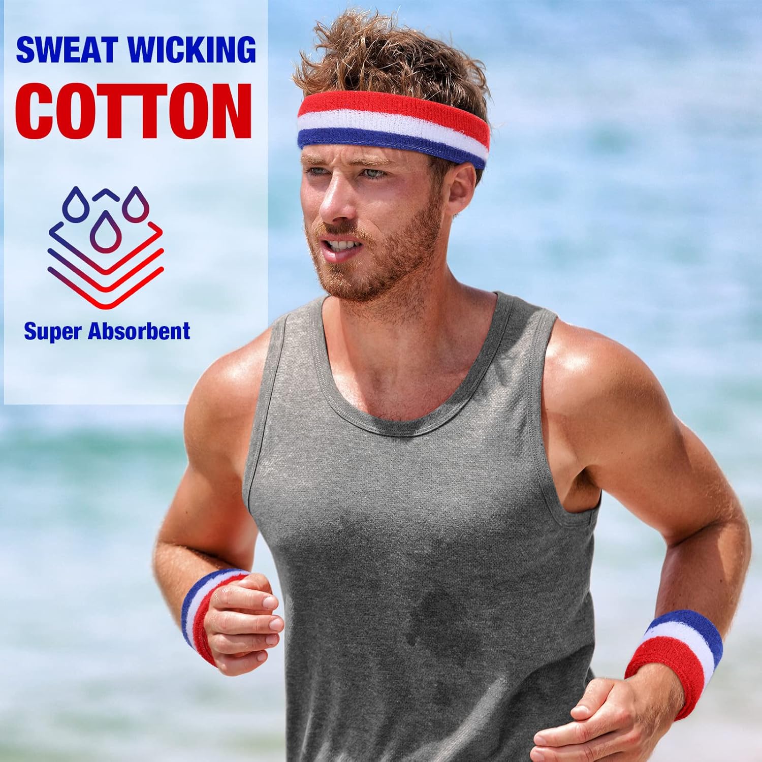 90 Pcs Striped Absorbent Red White Blue Sweatband Bulk Include 30 Sweat Absorbing Striped Headband and 60 Athletic Wristbands Wrist Sweatband for Men Women Gym Sports Workout Running Tennis Basketball