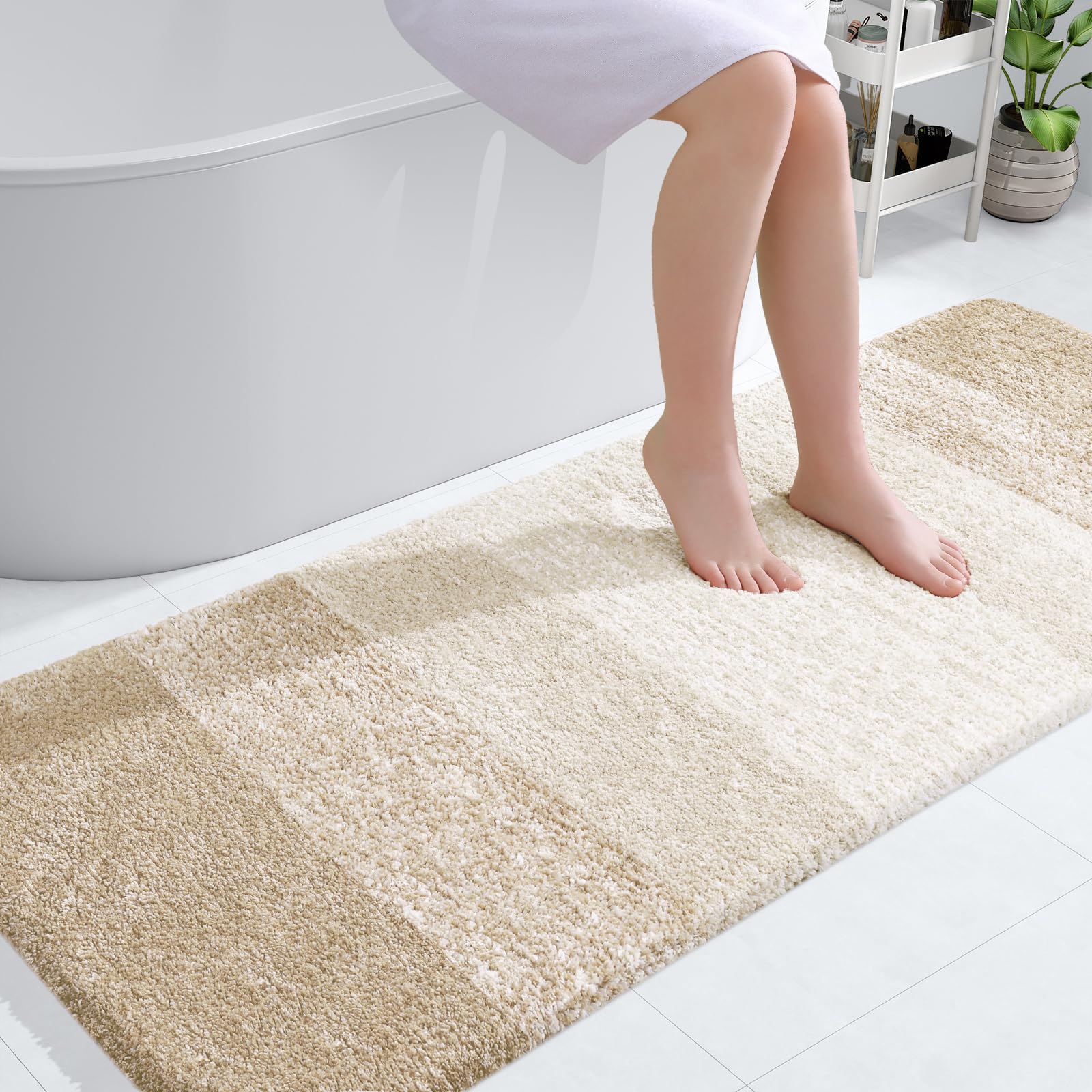 OLANLY Bathroom Runner Rug 59x24, Extra Soft Absorbent Microfiber Bath Rugs | Light Beige, Non-Slip Quick-Drying Rubber Backing, Washable Long Bath Mat for Floor, Tub and Shower, Home Decor