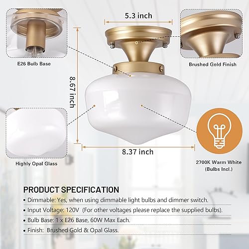 Miniatura 4 de AyshwillDec Lámpara escolar de latón de 8 pulgadas, lámpara de mediados de siglo, lámpara de vidrio de leche, lámparas de techo semiempotradas para