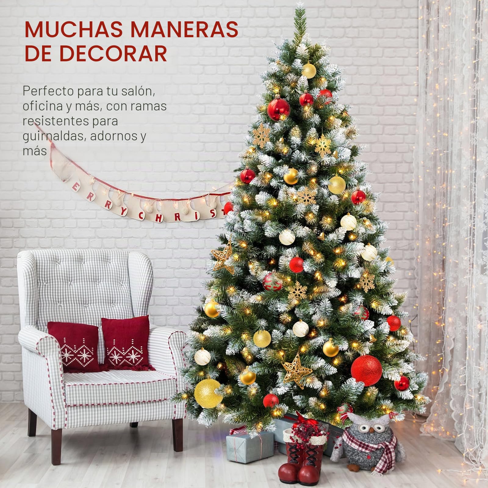 KOIUEYW 180 cm Árbol de Navidad Artificial con Nieve y 300 LED, Árbol de Navidad Nevado con Luz Cálida Incluye Soporte de Meta, Sistema de Montaje Rápido Decoración para Navidad, Verde con Nieve