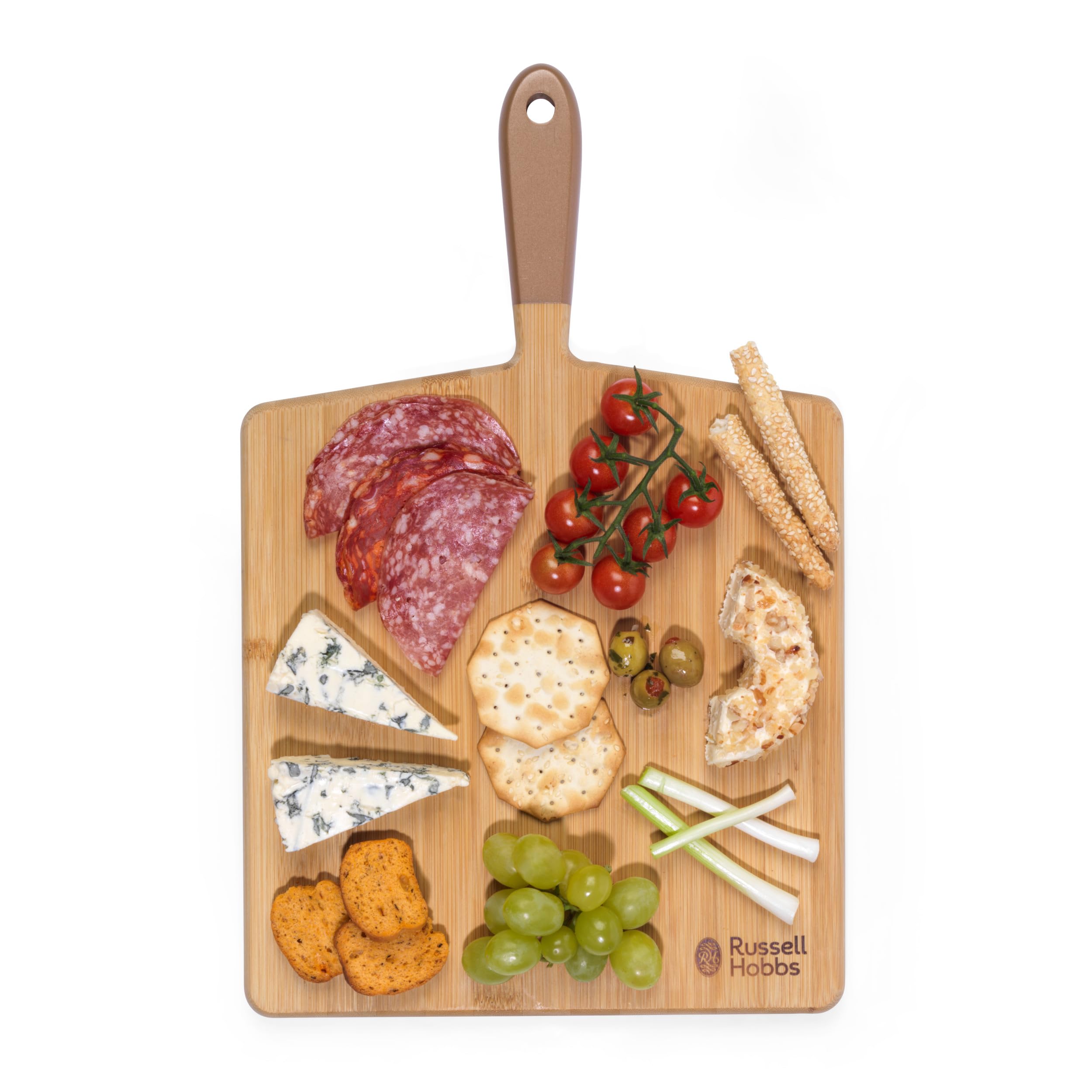 Russell Hobbs RH01692GEU7 Opulence 40 cm Chopping Board - Bamboo Serving Board with Gold Handle, Strong and Durable Pizza Board, Charcuterie Board for Platters, Meats, Fruit, Cheese, and Crackers