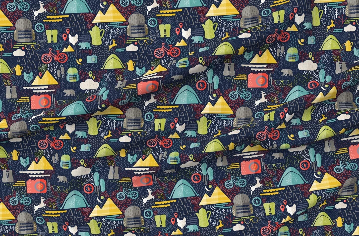 Spoonflower Fabric - Scandinavian Outdoor Adventure Hiking Camping Great White North Printed on Denim Fabric by The Yard - Bottomweight Apparel Home Decor Upholstery
