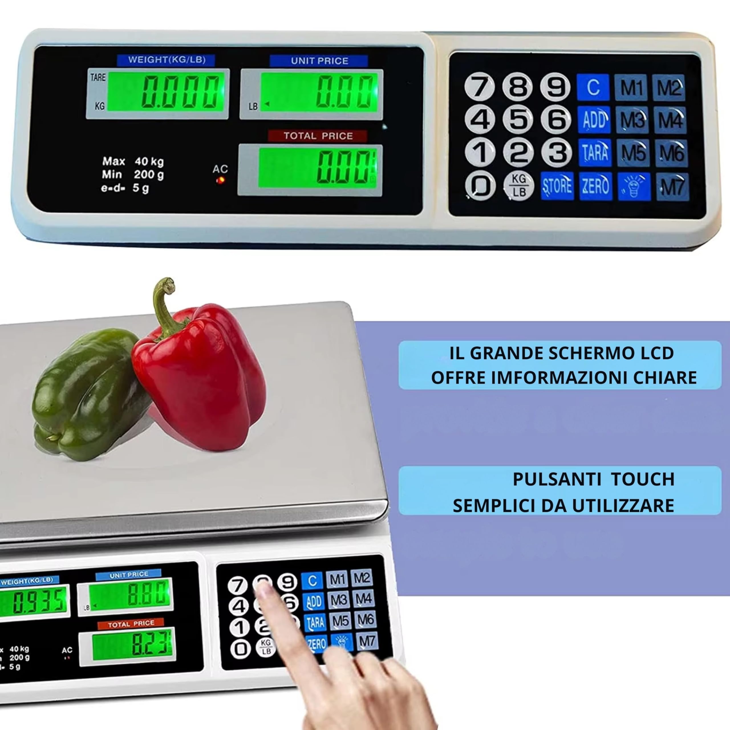 Yasta Bilancia Professionale Digitale da Banco 40kg, Alta Precisione 2g, per Alimenti e Pacchi, 7 Memorie Prezzi, 6 Display LCD Retroilluminati, Batteria Inclusa