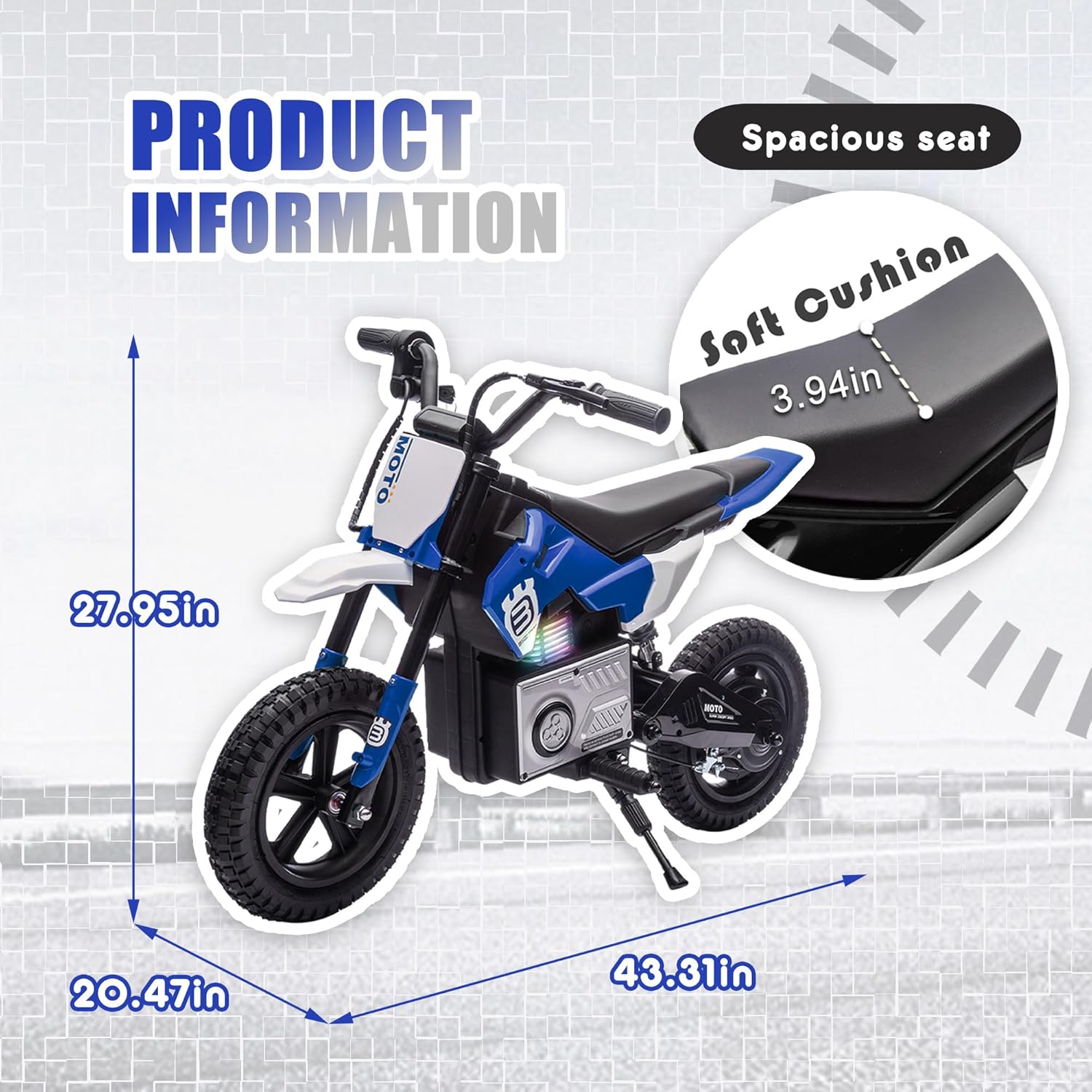 24V Electric Dirt Bike for Kids, 200W Electric Motorcycle - Up to 9.3MPH, LED Breath Lamp, Bluetooth, 2-Speed Modes Electric Bike for Kids (Blue)