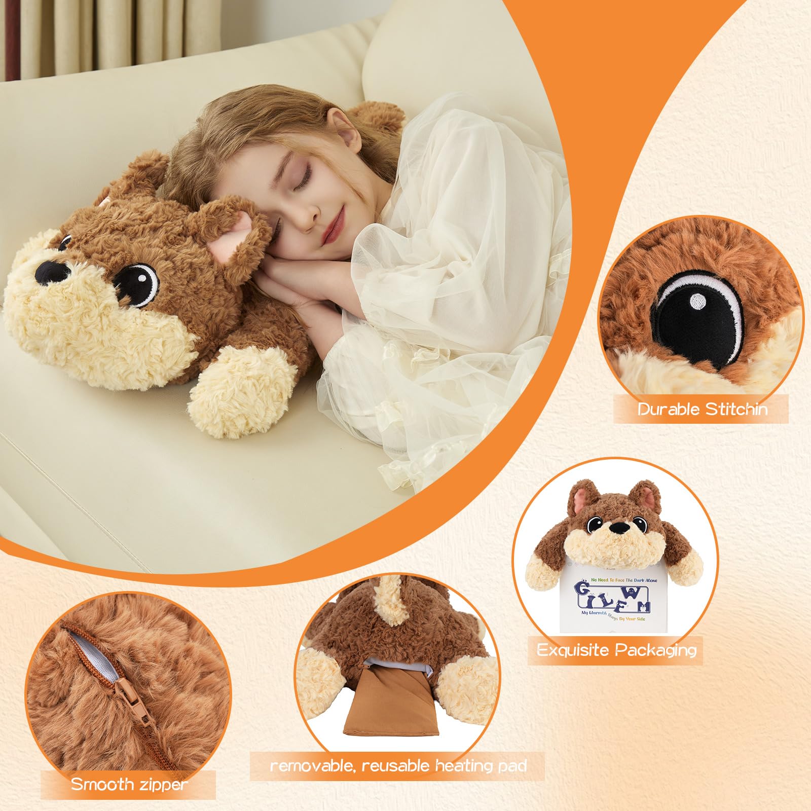 GILFWM Perro de peluche con peso de 26 pulgadas, 5 libras, felpa ponderada calentable y refrigerable con almohadilla térmica para microondas, extraíble, suave, lavable, bonita almohada de peluche