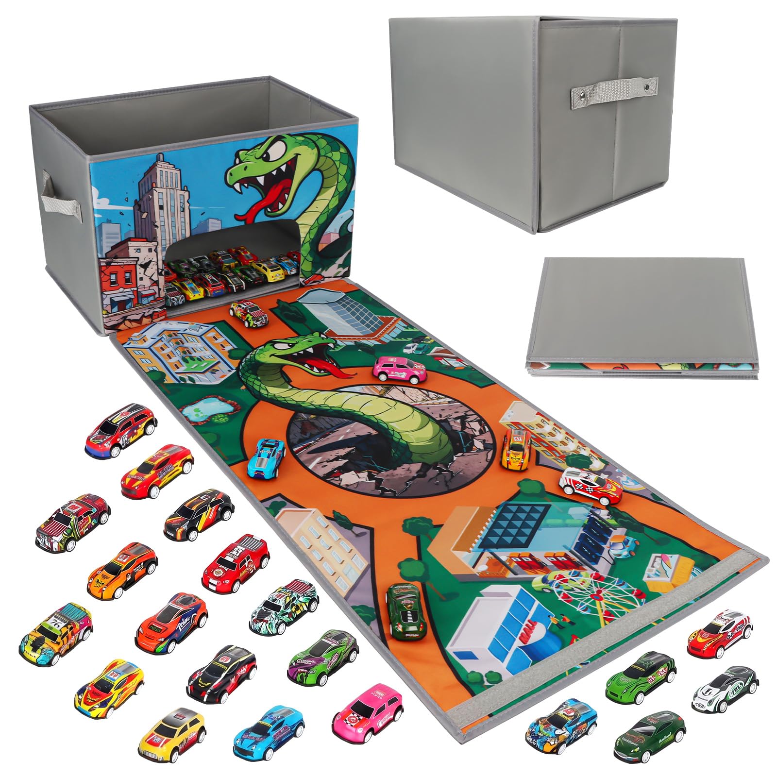 Toy Car Storage Box Play Mat with 20 Cars, Kids Storage Boxes with Handles, Foldable and Portable Toy Car Mats with Speed Roads for Boys Girls โ image 1