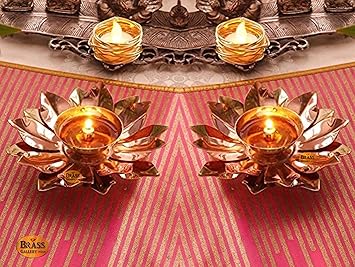 Brass Gallery Copper Lotus Shape Kamal Patti Akhand Diya, Width 6 inch Height 2.5 inch- Set of 2 (Large)