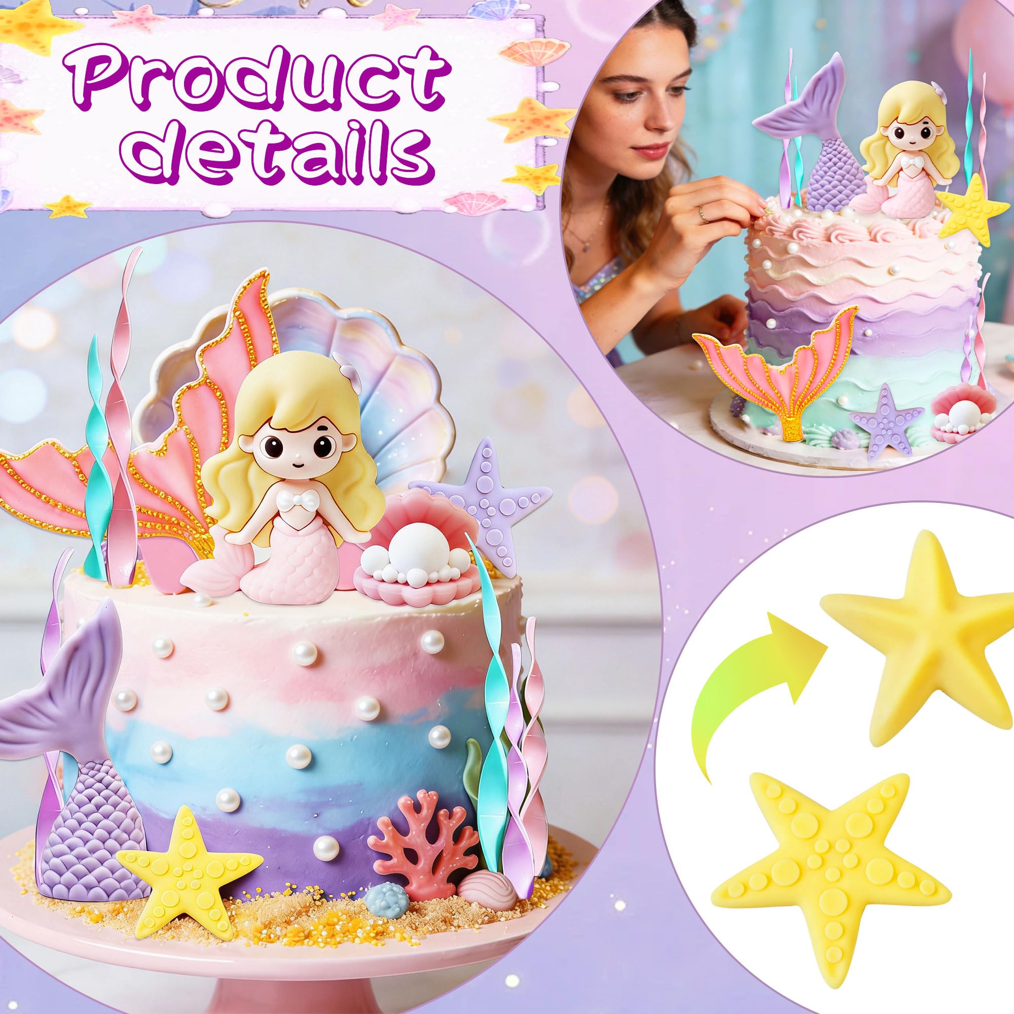 LaVenty Mermaid Tail Cake Topper Under the Sea Cake Decoration Seashell Cake Topper Mermaid Tail Cake Topper Mermaid Party Supplies - Image 3