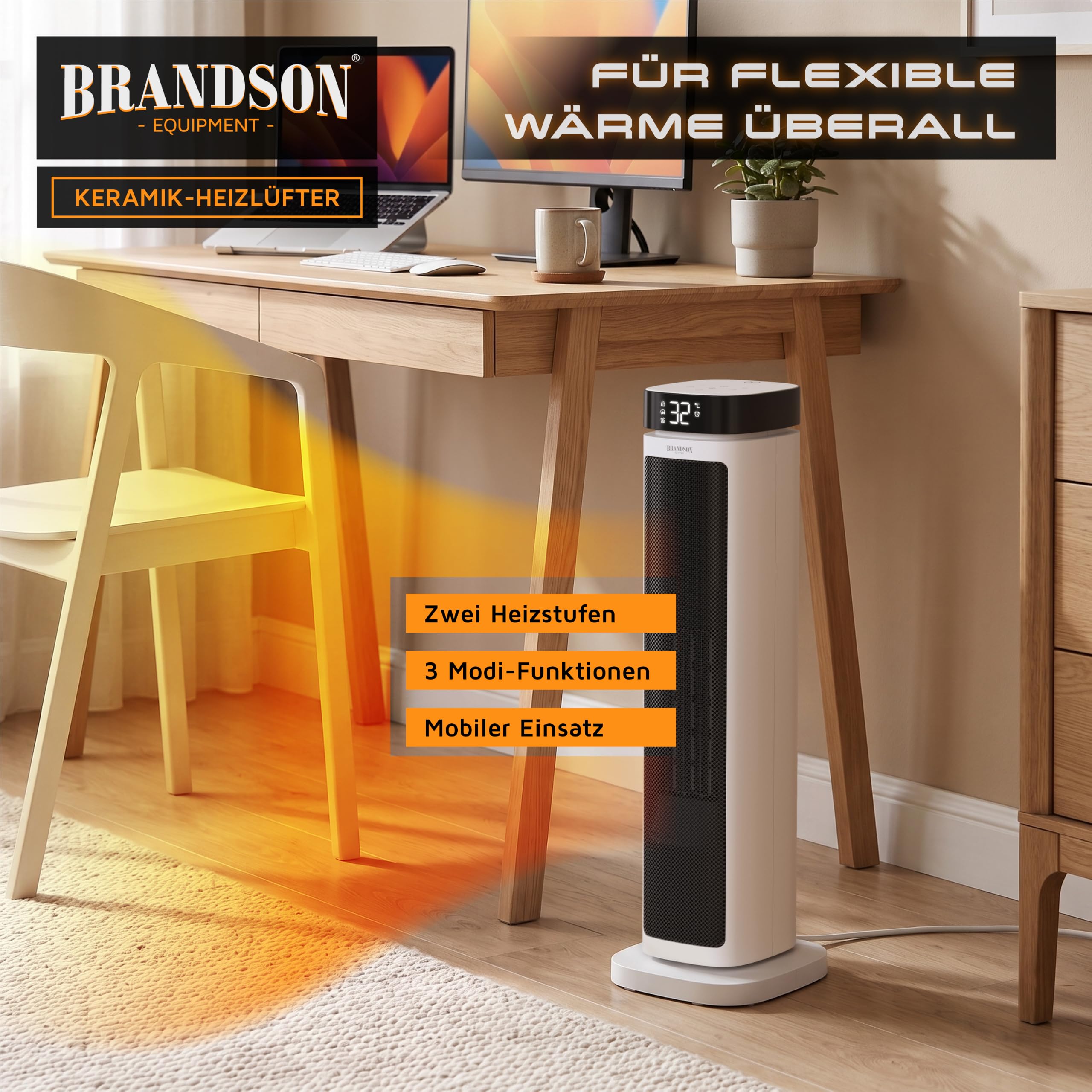 Brandson - Heizlüfter mit Fernbedienung - energiesparend ECO Modus – 2000 Watt Heater - mit Oszillation - 2 Heizstufen - Überhitzungs- und Umkippschutz - Badezimmer Schlafzimmer Baby Kinderzimmer