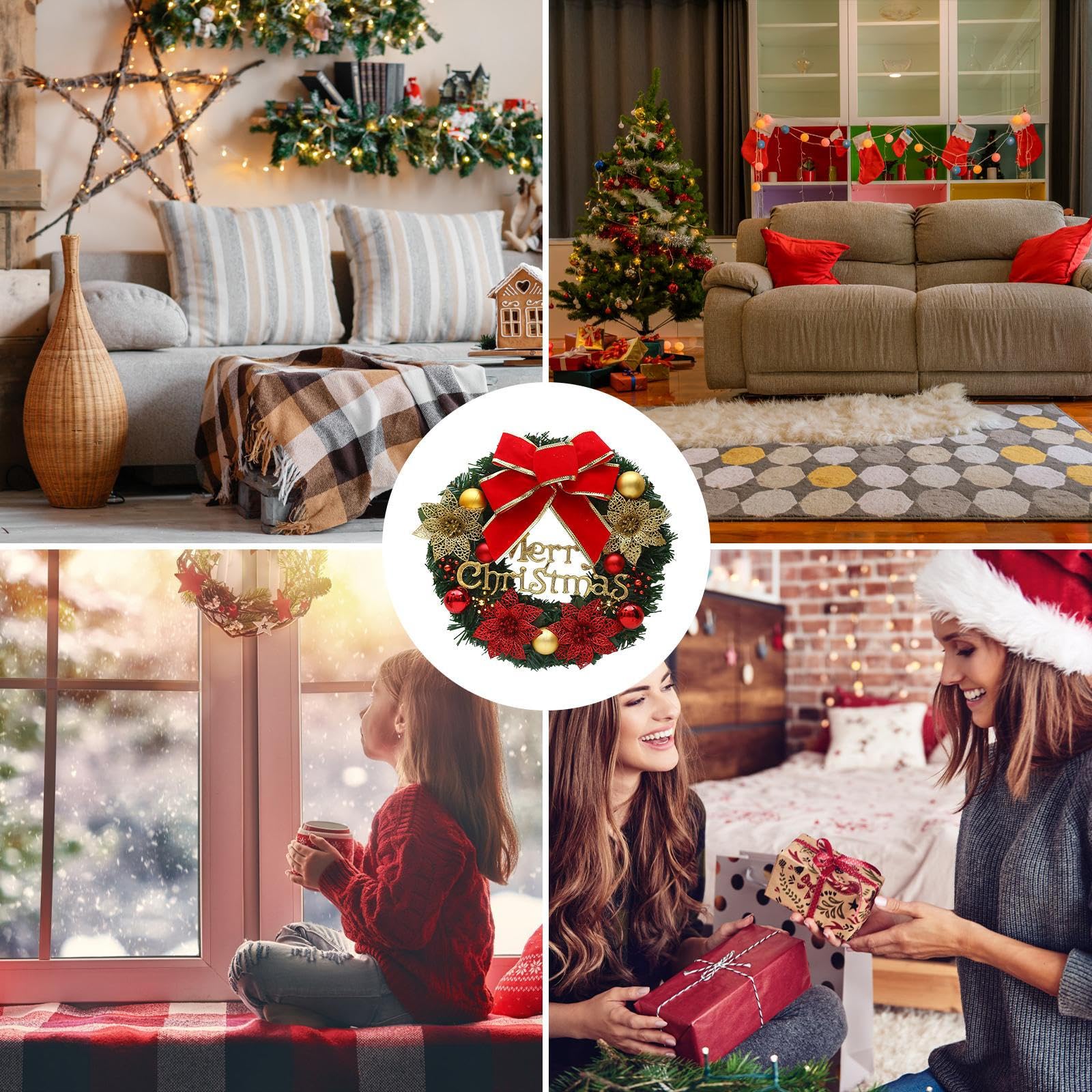 SWANEW Couronne De Noël Porte Artificielle 50 LEDS Diamètre 45cm