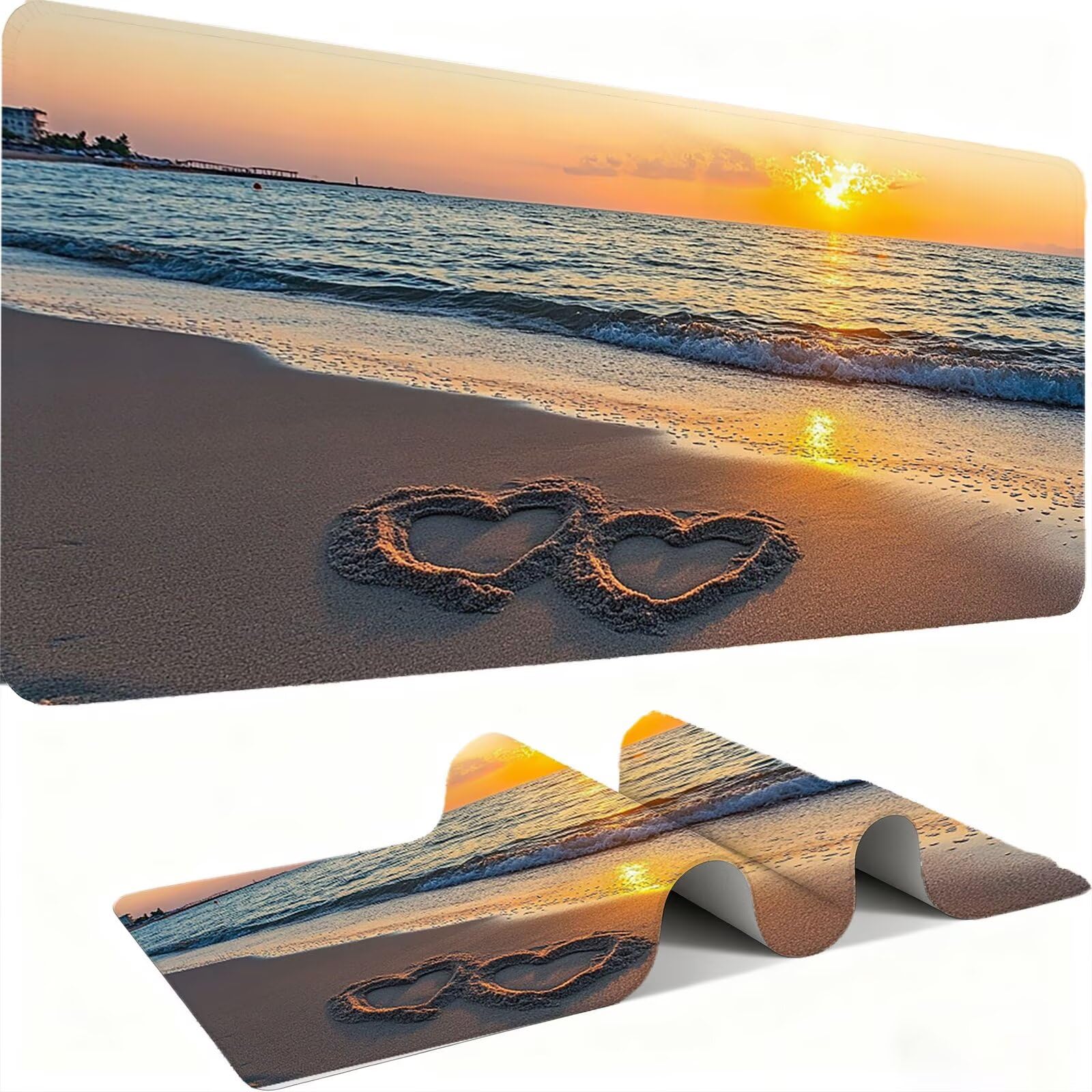 Podkładka pod mysz XXL piasek plaża/miłość 1500 x 800 mm duża podkładka pod mysz szyte krawędzie wodoodporna antypoślizgowa duże rozszerzone akcesoria biurowe do komputera, przenośny poprawia