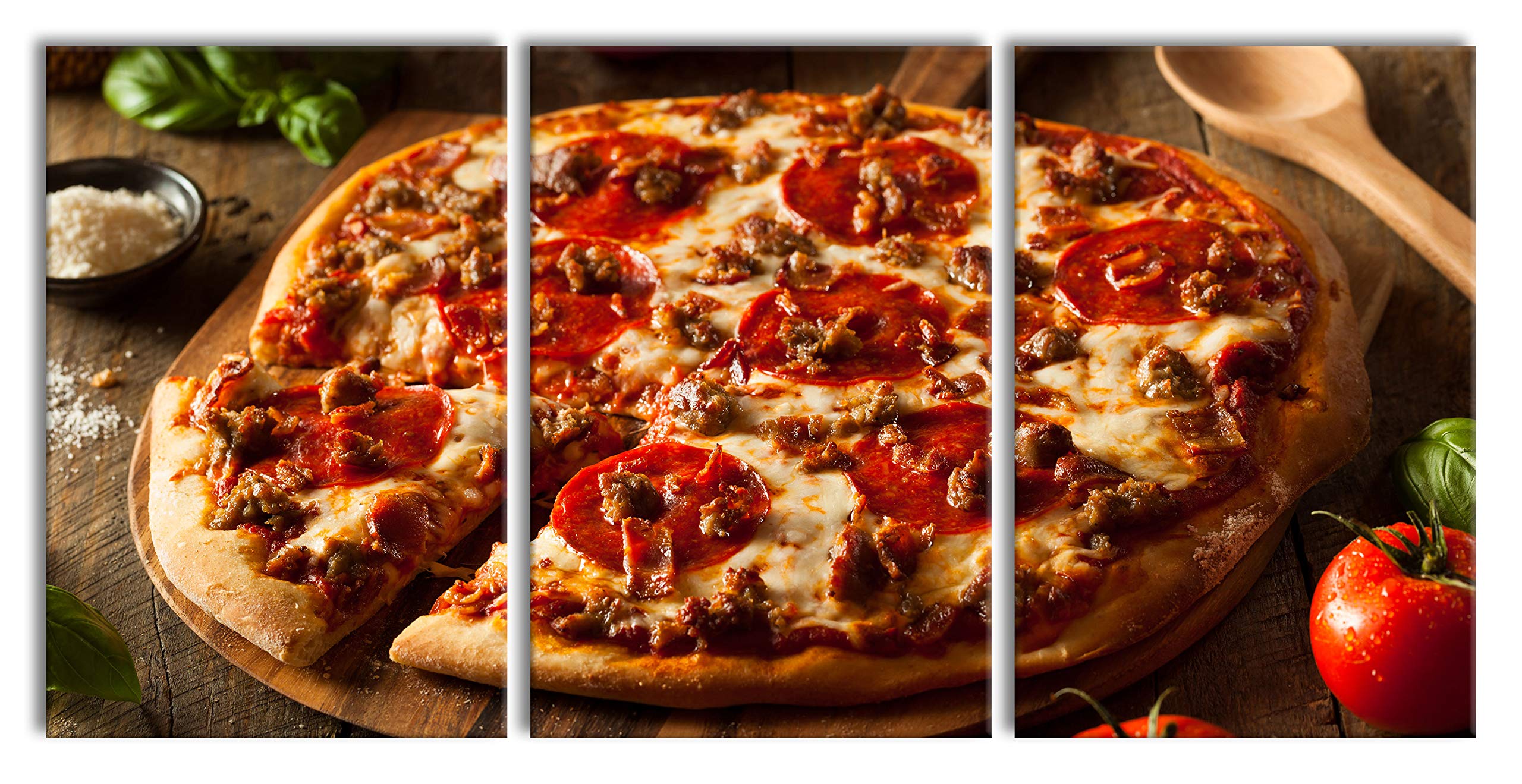 Pixxprint Pizza mit Salami und Tomaten als XXL Leinwandbild in Übergröße 240x120cm Gesamtmaß 3 teilig, Wandbild, Kunstdruck