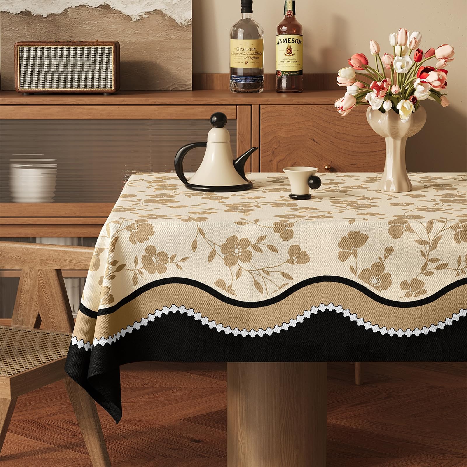 Nappe Table Rectangulaire Anti Taches 140x260 cm Beige Kaki Noir