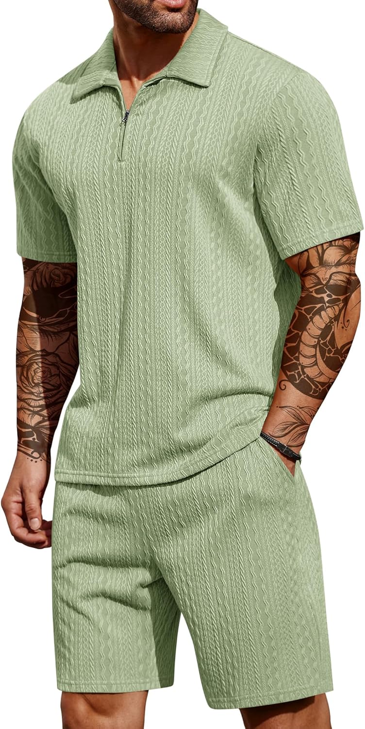 COOFANDY Men’s 2 Pieces Outfits Casual Quarter Zip Polo Shirt and Shorts Set Athletic Jogging Summer Tracksuit