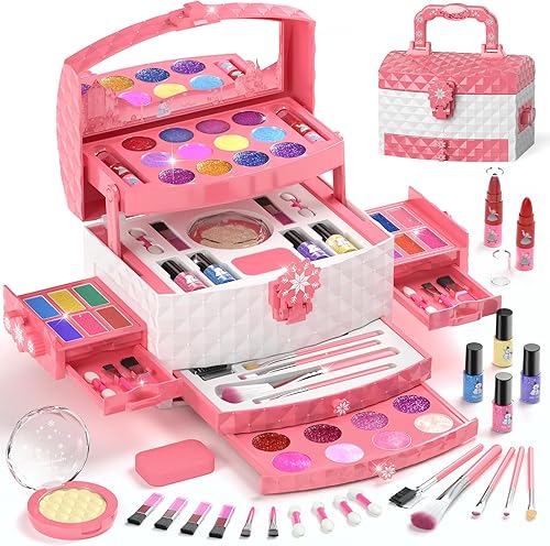 PERRYHOME Juego de maquillaje infantil para niña, 56 piezas, cosméticos auténticos lavables, no tóxicos, juguetes congelados, kit de maquillaje para