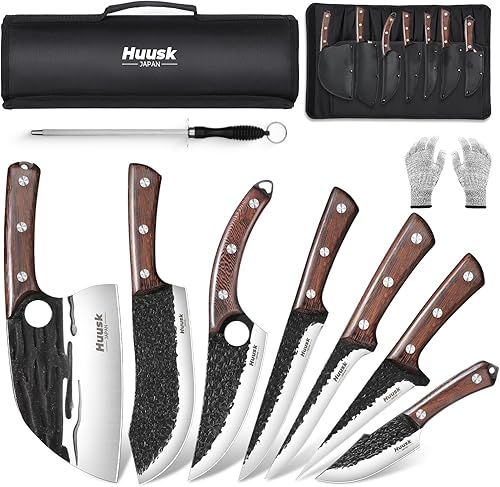 Huusk Juego de cuchillos de carnicero para cortar carne, 10 piezas de cuchillo de chef serbio de cocina vikinga con bolsa de rollo forjado a mano,