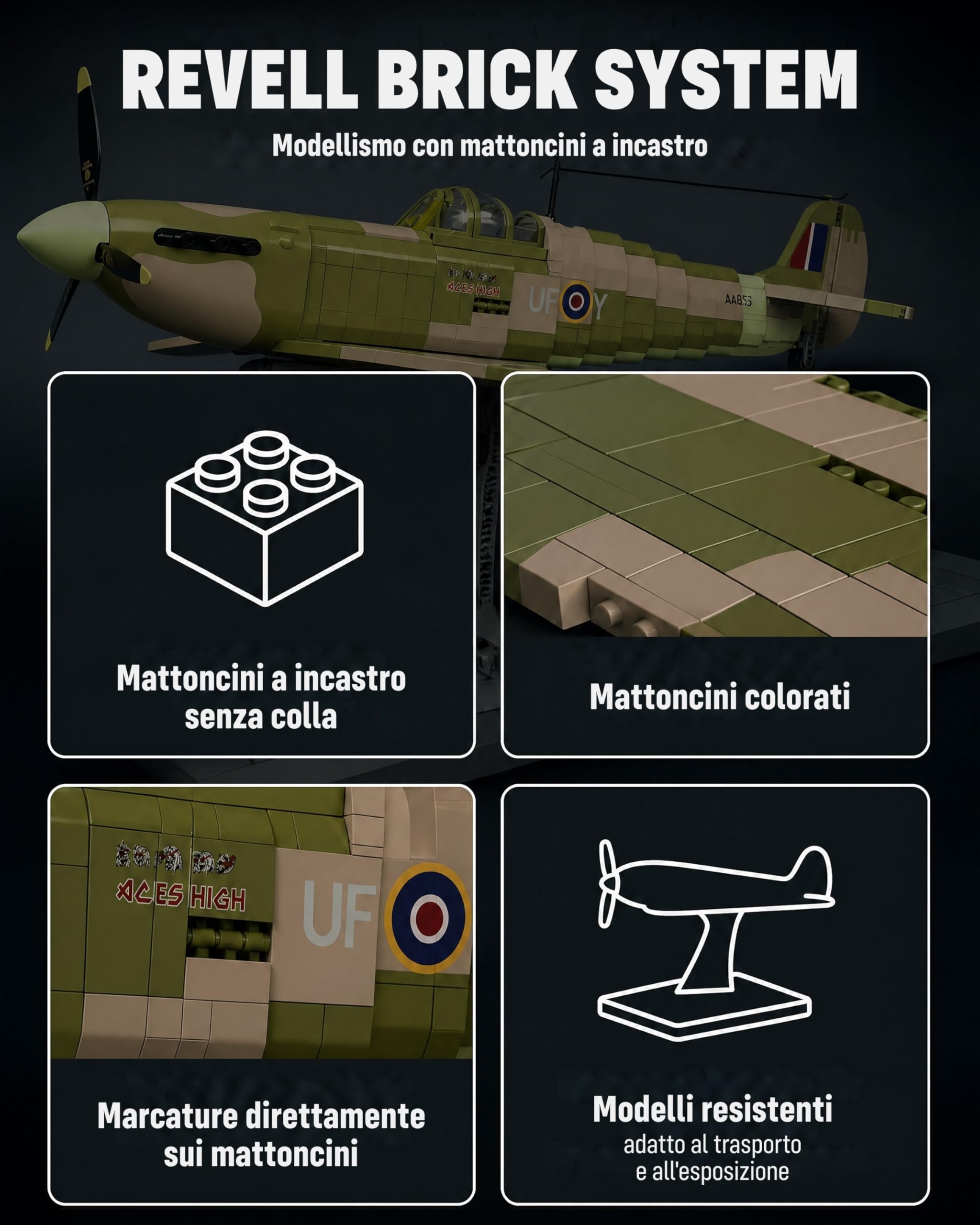 Revell Brick System 00962 Iron Maiden Spitfire MK.II Aces High - Kit modellino in mattoni, scala 1:18, non costruito, 52,5 cm di lunghezza, oltre 2.500 pezzi, include statuetta Eddie, espositore e